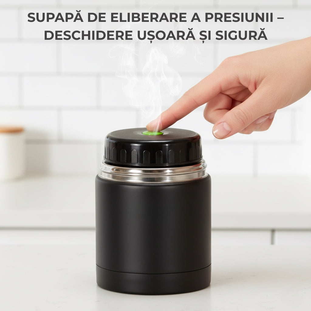 Termos pentru supa/mancare Koken, capacitate 1000ml, perete dublu, inox, 8h mentine rece/fierbinte, supapa presiune, capac bol, 22x10 cm, Negru - 5 | YEO