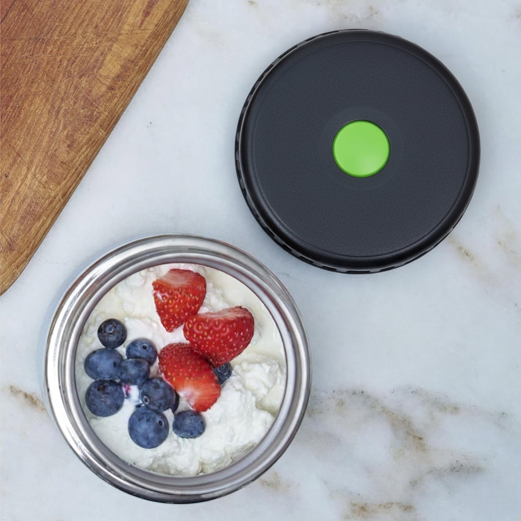 Termos pentru supa/mancare Koken, capacitate 1000ml, perete dublu, inox, 8h mentine rece/fierbinte, supapa presiune, capac bol, 22x10 cm, Negru