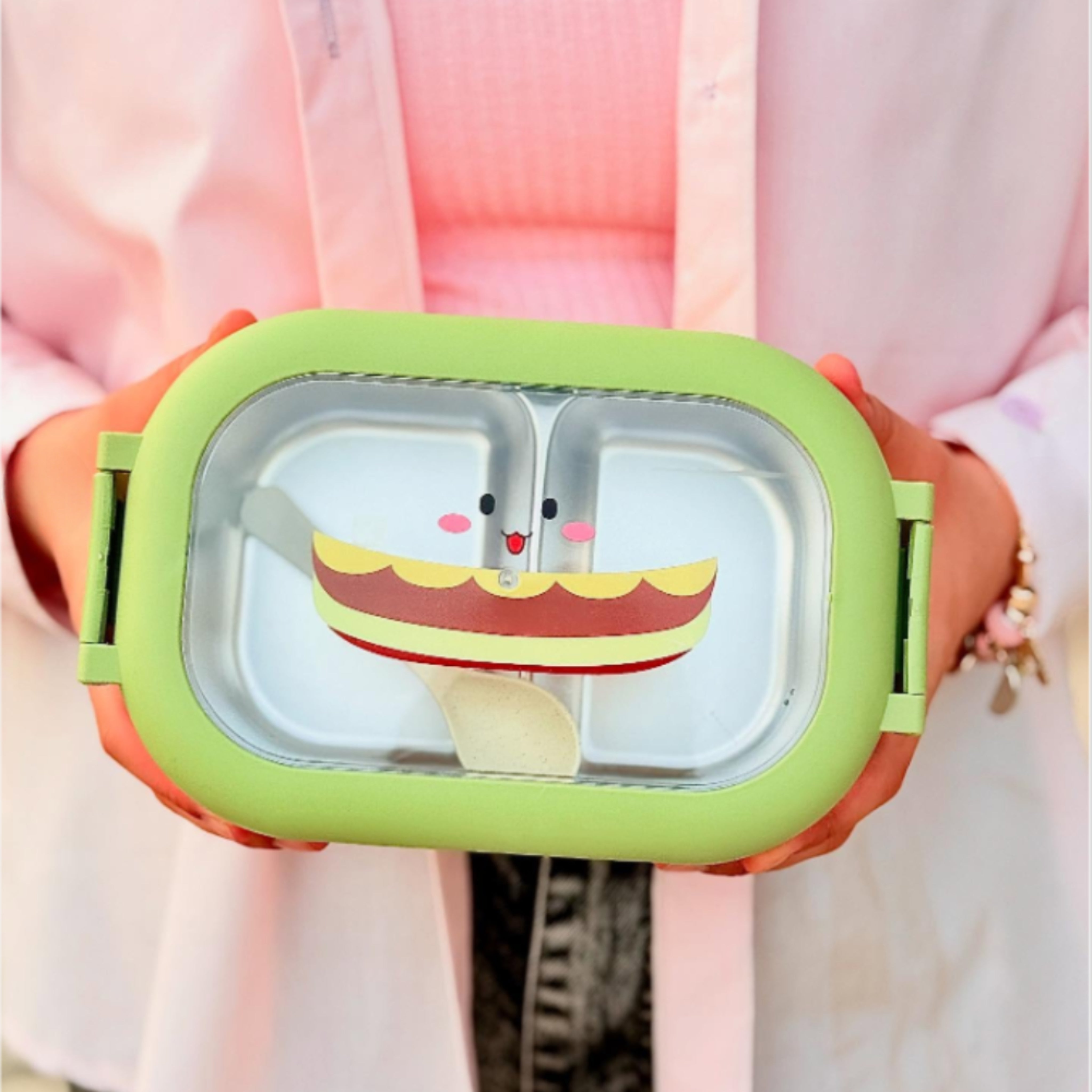 Cutie pentru pranz Koken, Lunch Inox, Caserola copii scoala cu 2 Compartimente, Lingura inclusa, Verde - 4 | YEO