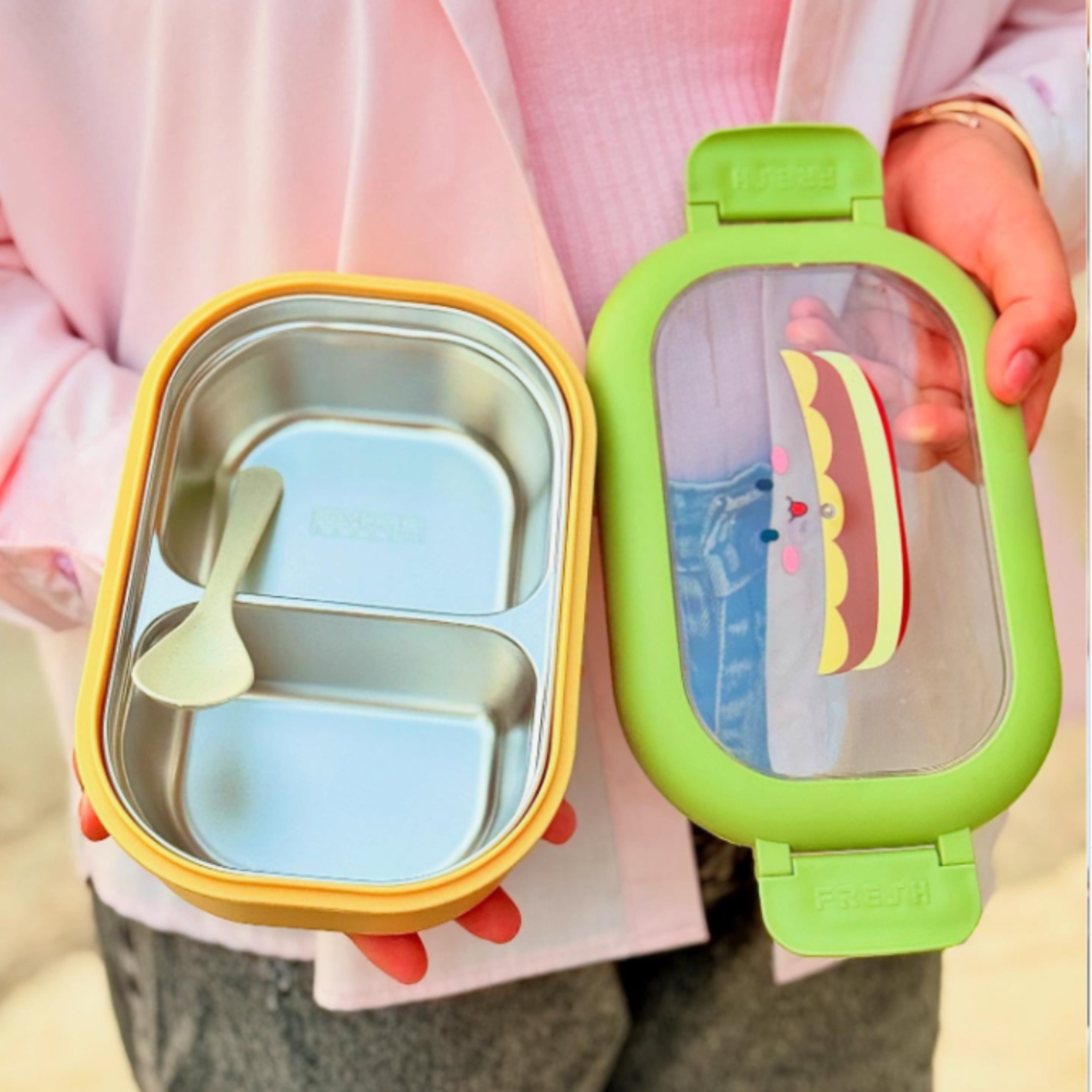 Cutie pentru pranz Koken, Lunch Inox, Caserola copii scoala cu 2 Compartimente, Lingura inclusa, Verde - 5 | YEO