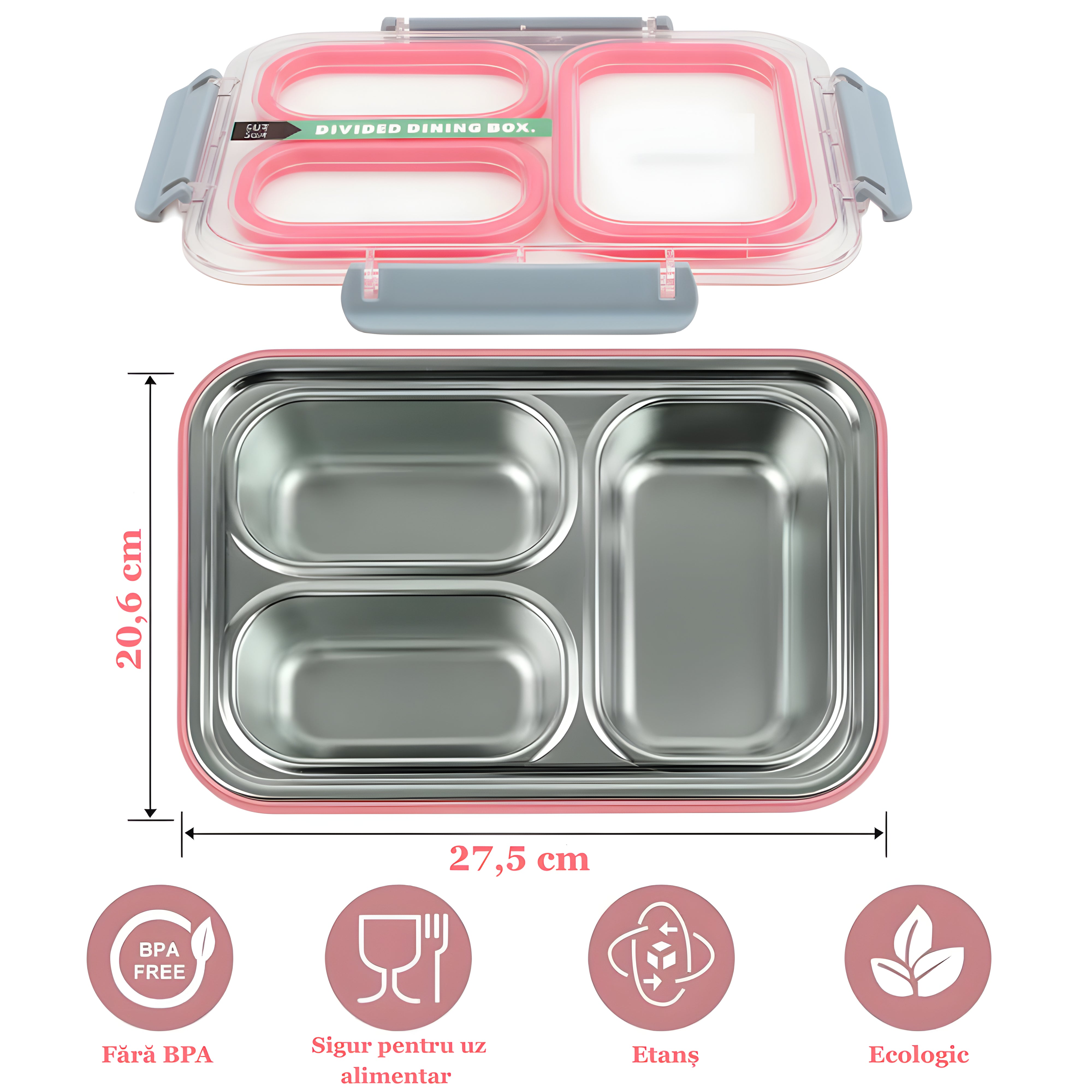 Cutie pentru pranz Koken, Lunch box Otel inoxidabil, Caserola copii scoala cu 3 Compartimente, 27,5 x 20,6 cm, Roz - 1 | YEO