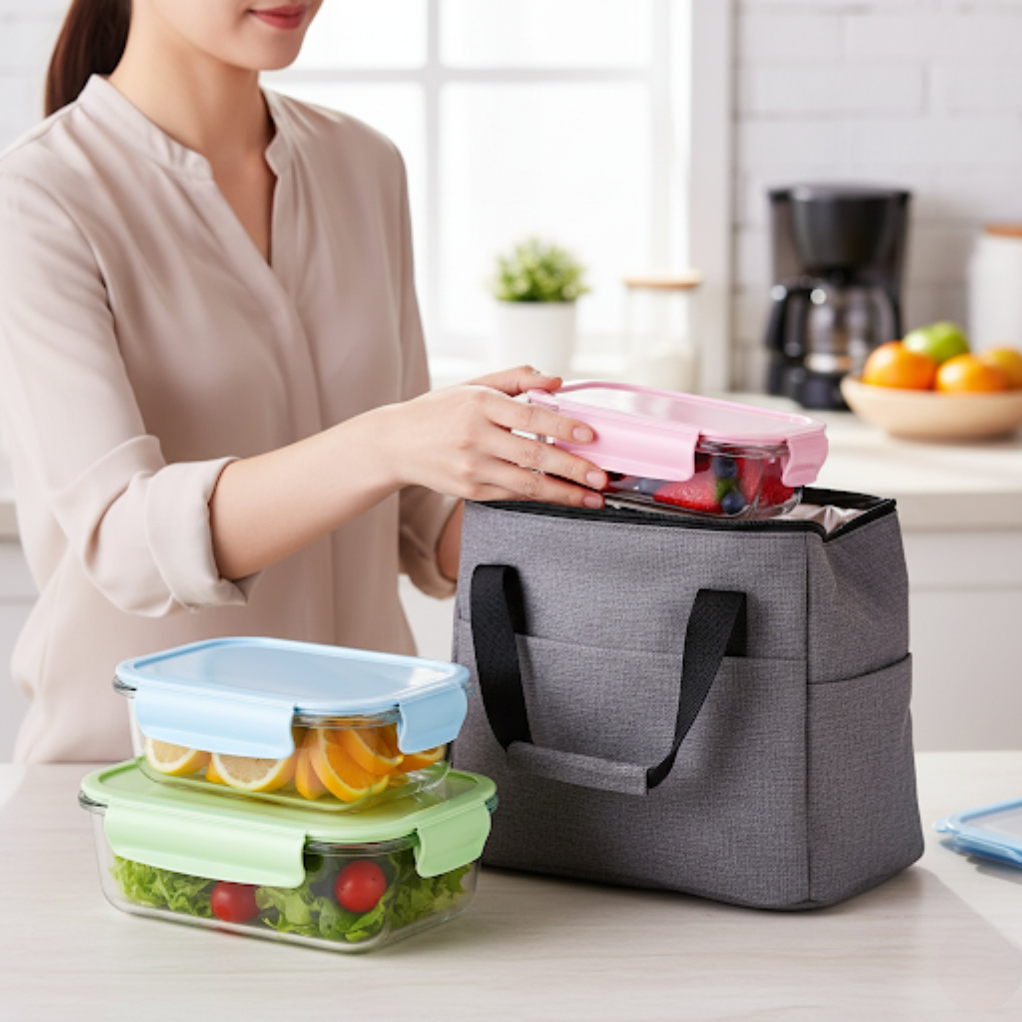 Set 3 caserole compartimentate din sticla Koken, 410ml/700ml/1040 ml, etanse, garnitura detasabila, inchidere ermetica, sticla dubla, fara BPA, casolete pentru mancare, Verde/Roz/Albastru - 2 | YEO