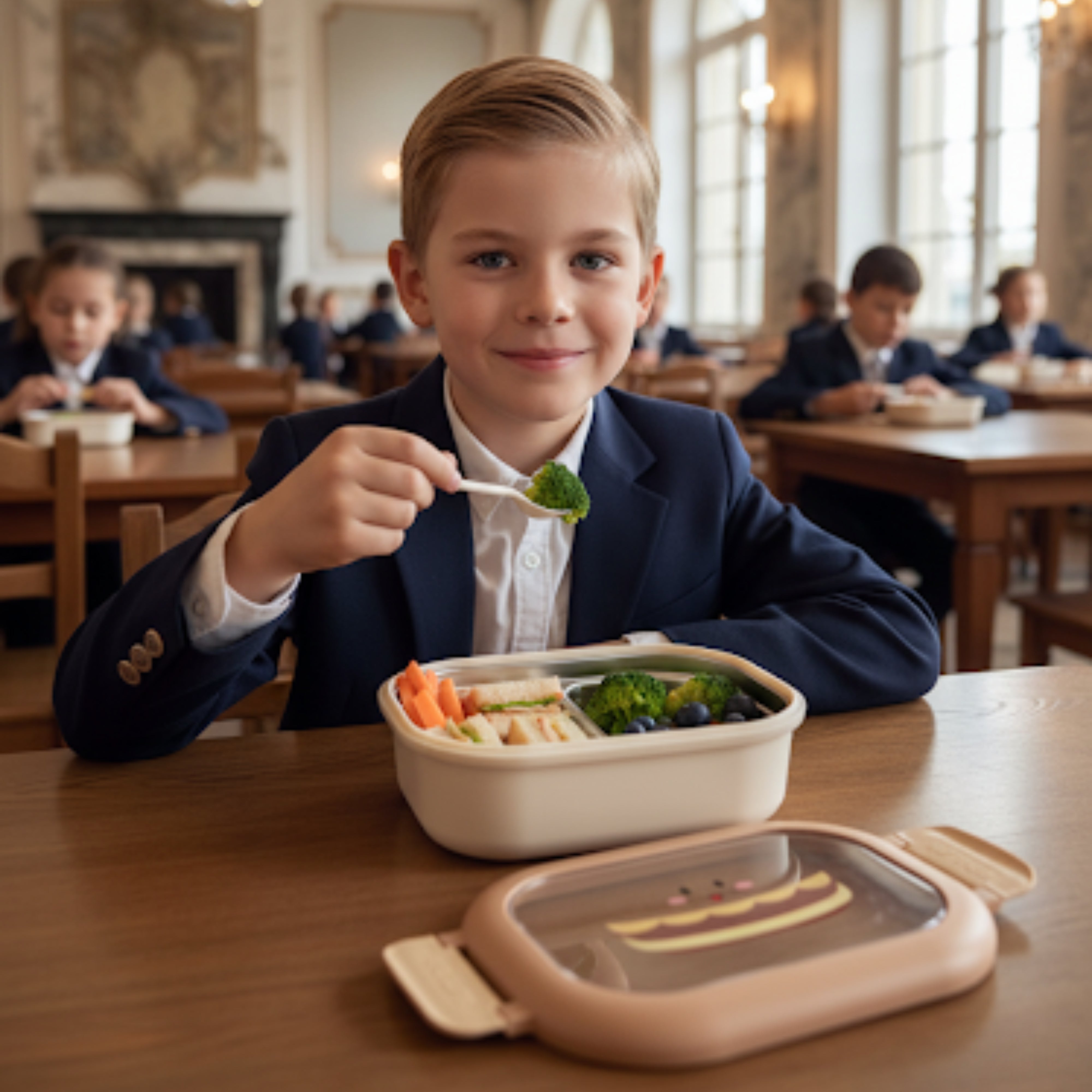 Cutie pentru pranz Koken, Lunch Inox, Caserola copii scoala cu 2 Compartimente, Lingura inclusa, Bej