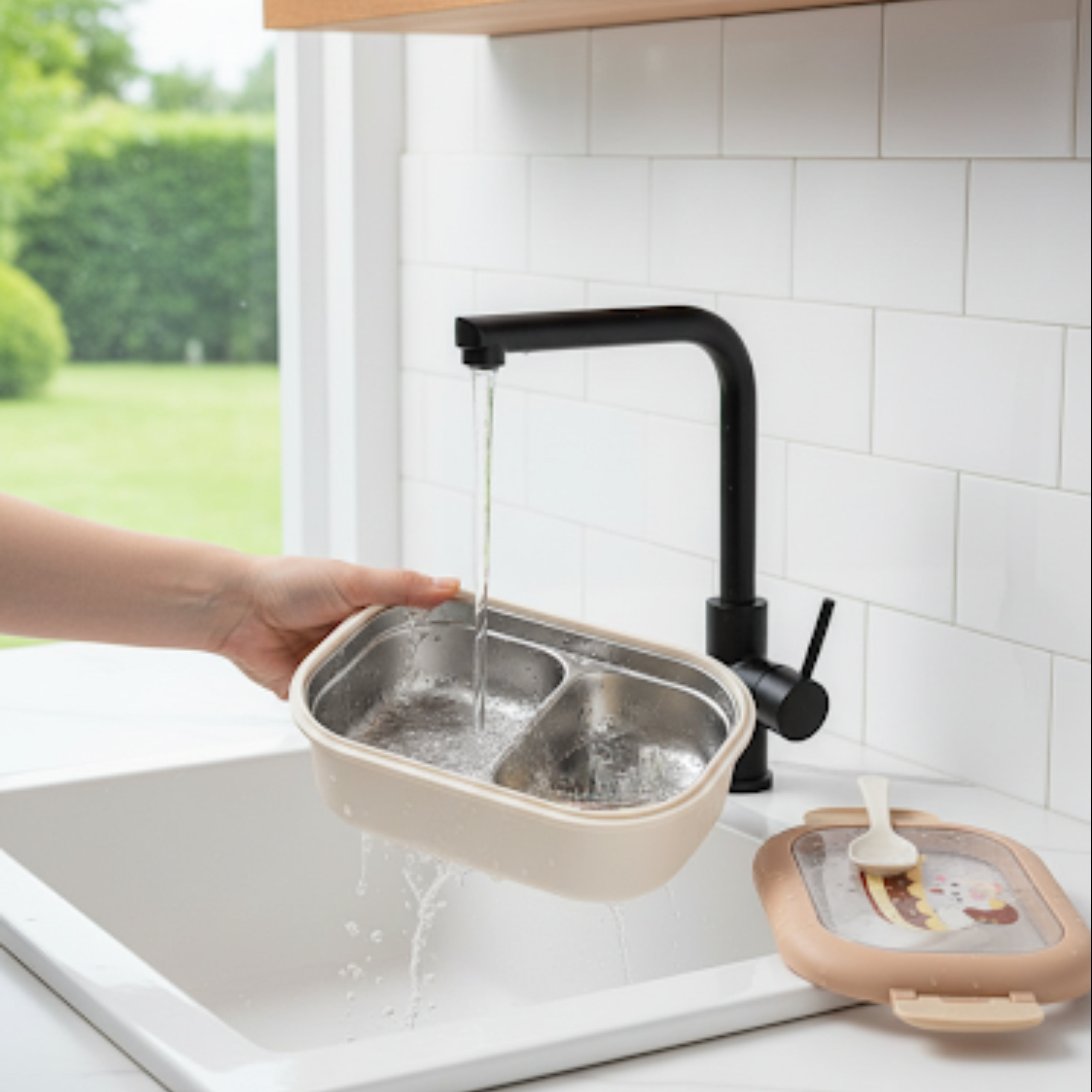 Cutie pentru pranz Koken, Lunch Inox, Caserola copii scoala cu 2 Compartimente, Lingura inclusa, Bej - 5 | YEO