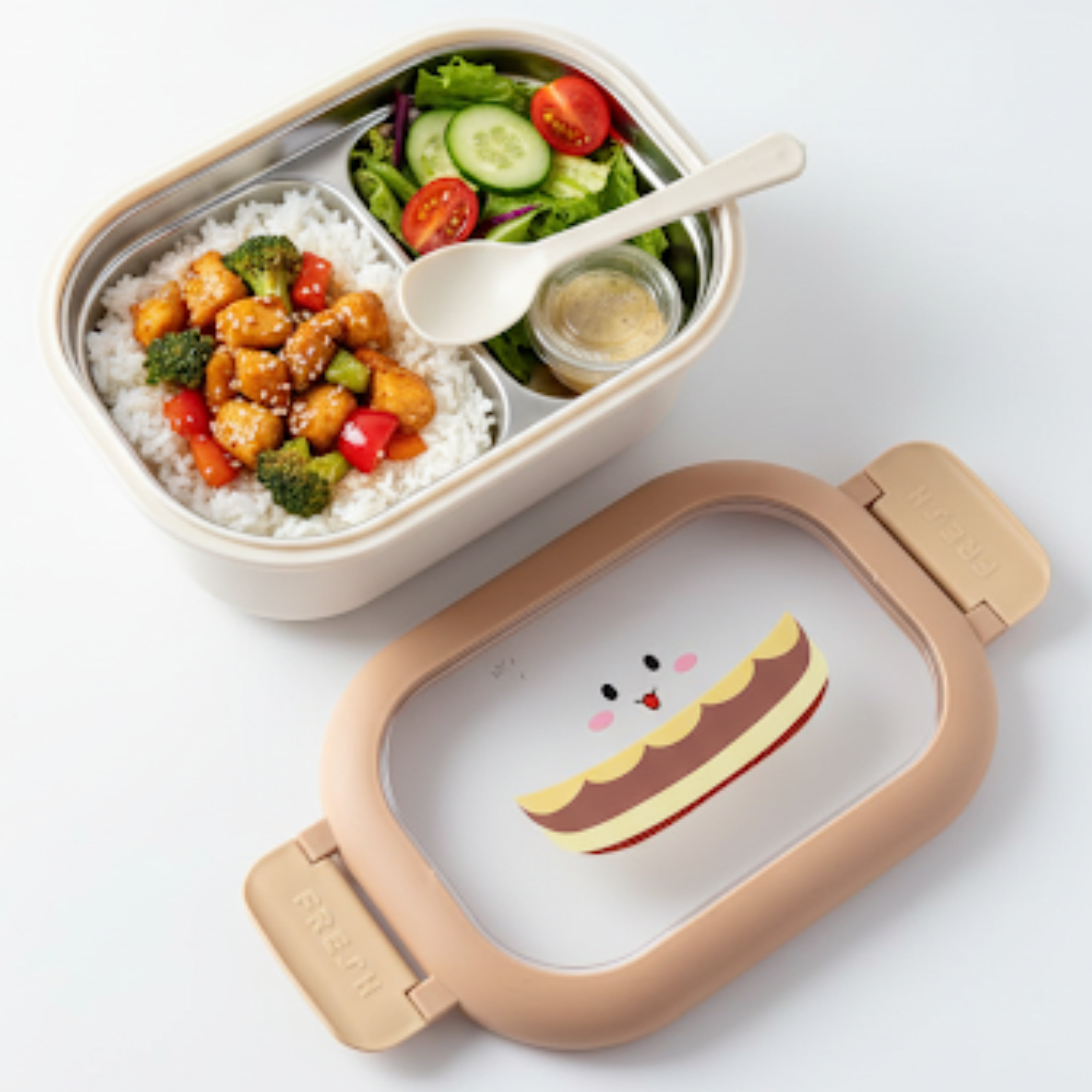 Cutie pentru pranz Koken, Lunch Inox, Caserola copii scoala cu 2 Compartimente, Lingura inclusa, Bej - 6 | YEO