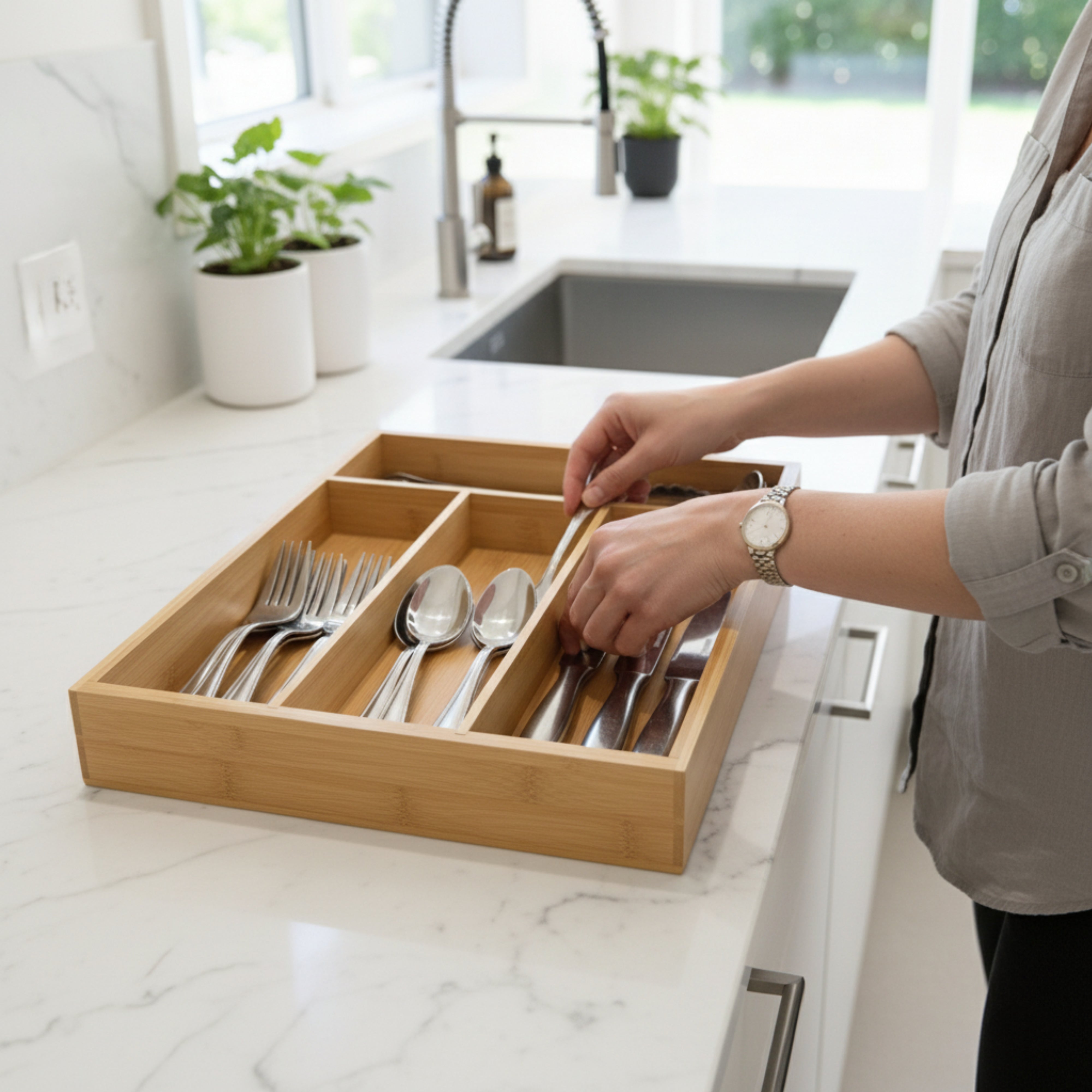 Suport tacamuri, ustensile de Bucatarie Koken, 4 compartimente, organizator multifunctional pentru sertar, Spatios, material durabil, usor de curatat, compact,  design modern,  33x25x 4,3 cm, Lemn