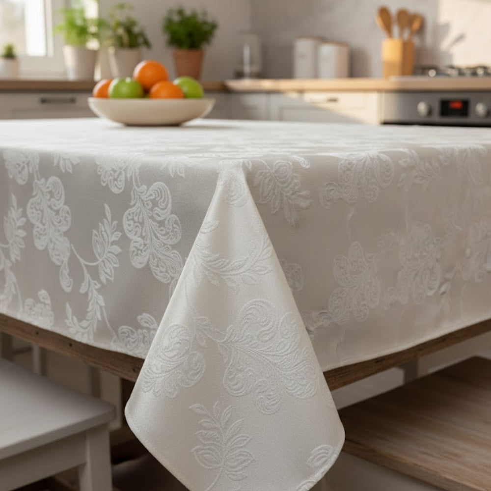 Față de masă 180x140cm dreptunghiulară impermeabilă cu 6 șervetele 40x40cm Koken, 100% Bumbac, Reutilizabila, Fara decolorare, Usor de curatat, Potrivit pentru bucatarie, sufragerie, Alb - 6 | YEO