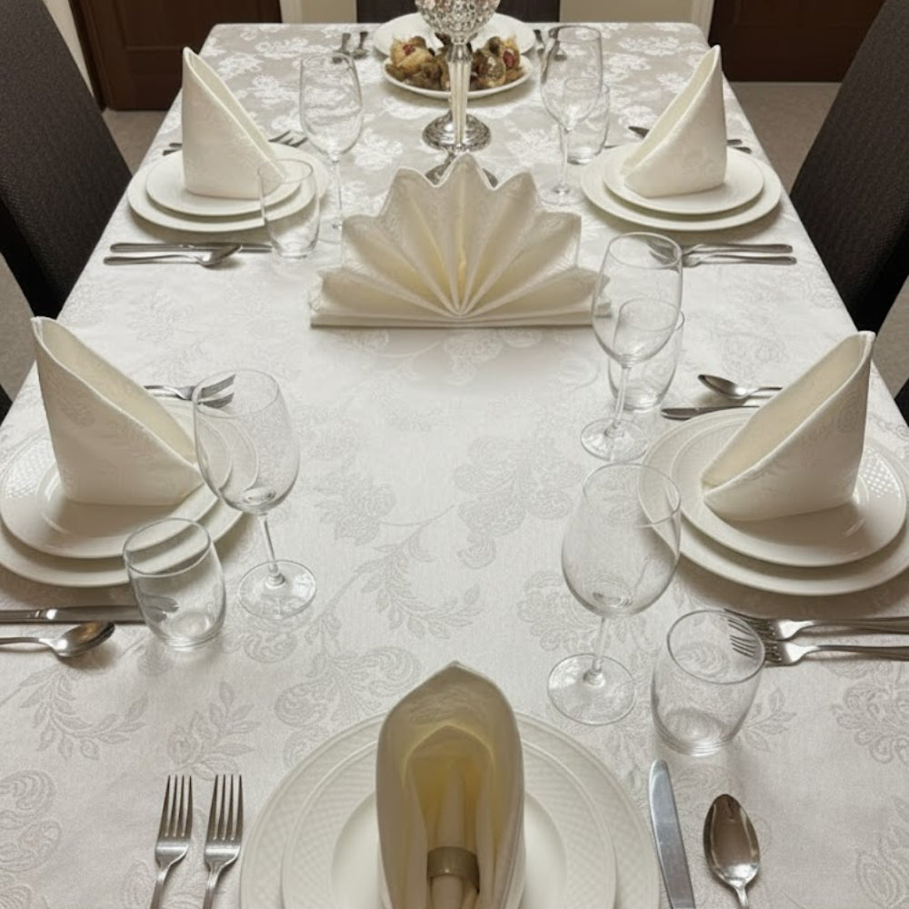 Față de masă 180x140cm dreptunghiulară impermeabilă cu 6 șervetele 40x40cm Koken, 100% Bumbac, Reutilizabila, Fara decolorare, Usor de curatat, Potrivit pentru bucatarie, sufragerie, Alb