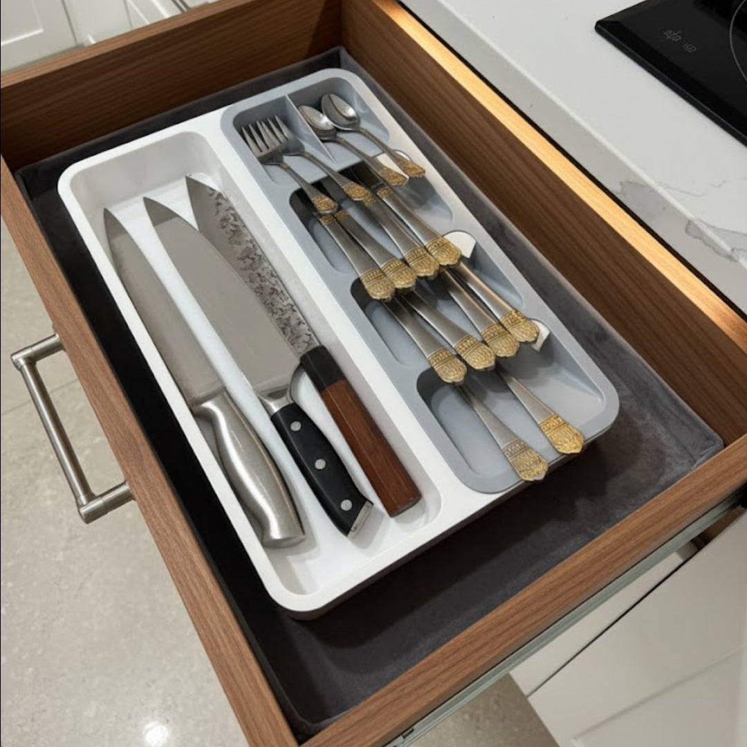 Organizator tacamuri pentru sertar, 6 compartimente, Koken, suport tacamuri sertar 28 x 39.5 x 5 cm, Plastic, Gri