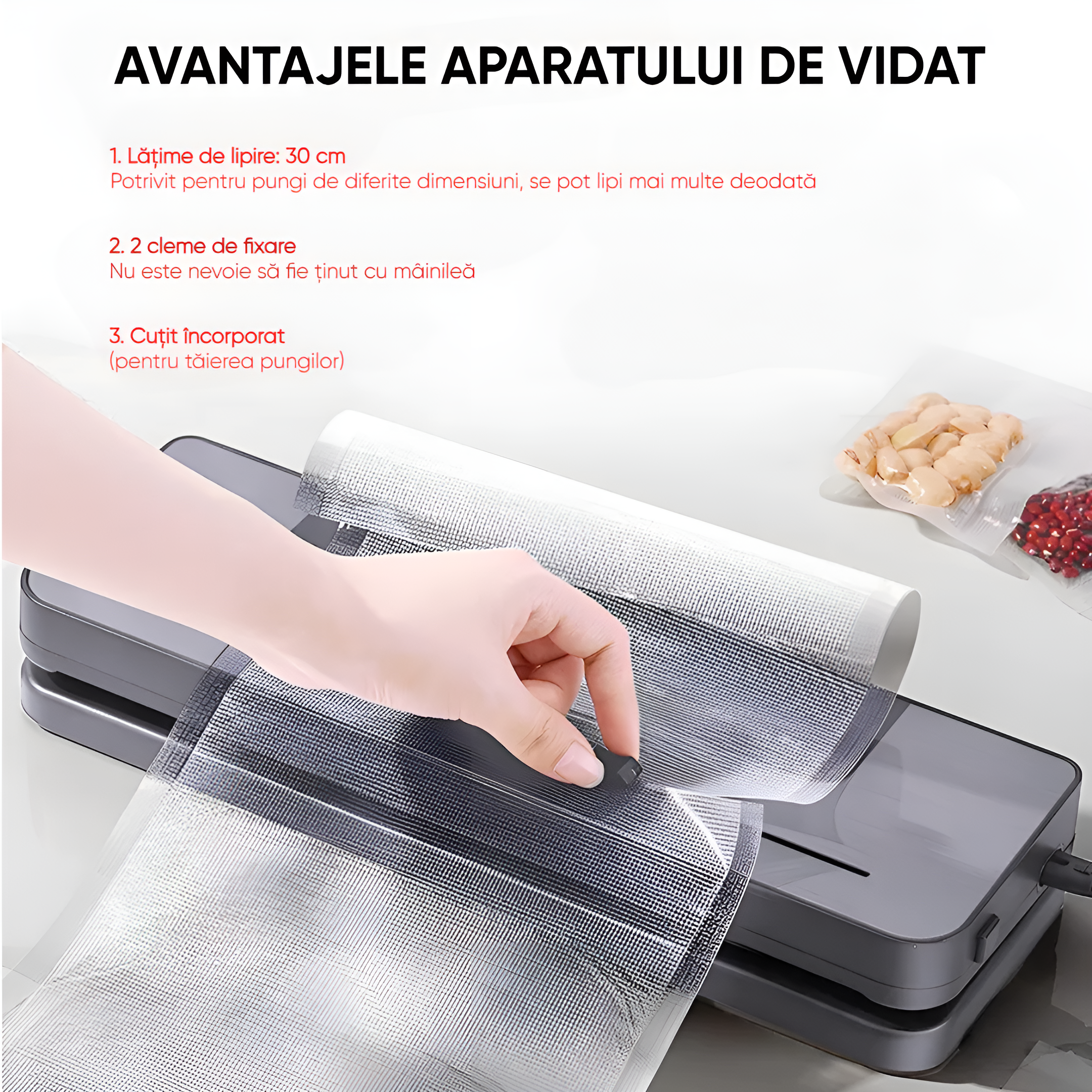 Aparat Profesional de Vidat si Sigilat alimente Koken, Functionare cu o singura atingere, Timp de etansare 10-15 s, bara de lipire 30 cm, Negru/Gri + 20 Pungi Gofrate Cadou - 4 | YEO
