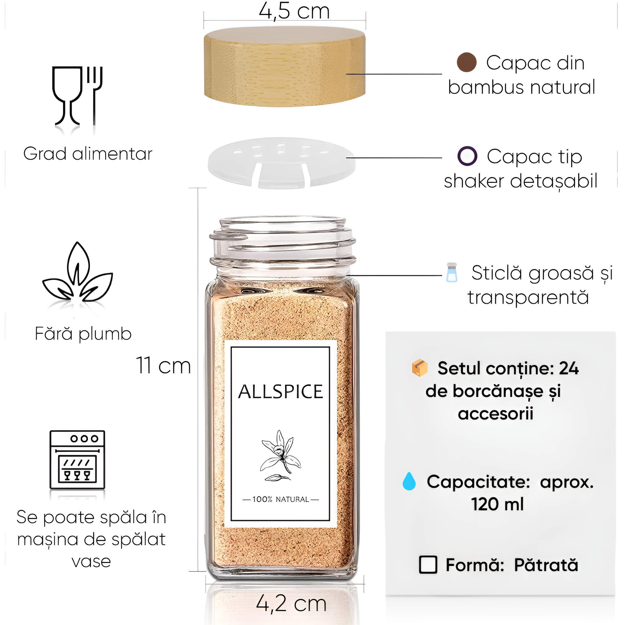 Set recipiente condimente 24 sticlute cu capace de dozaj de 120 ml, perie, palnie, etichete si marker, capac etans din bambus, Transparent - 1 | YEO