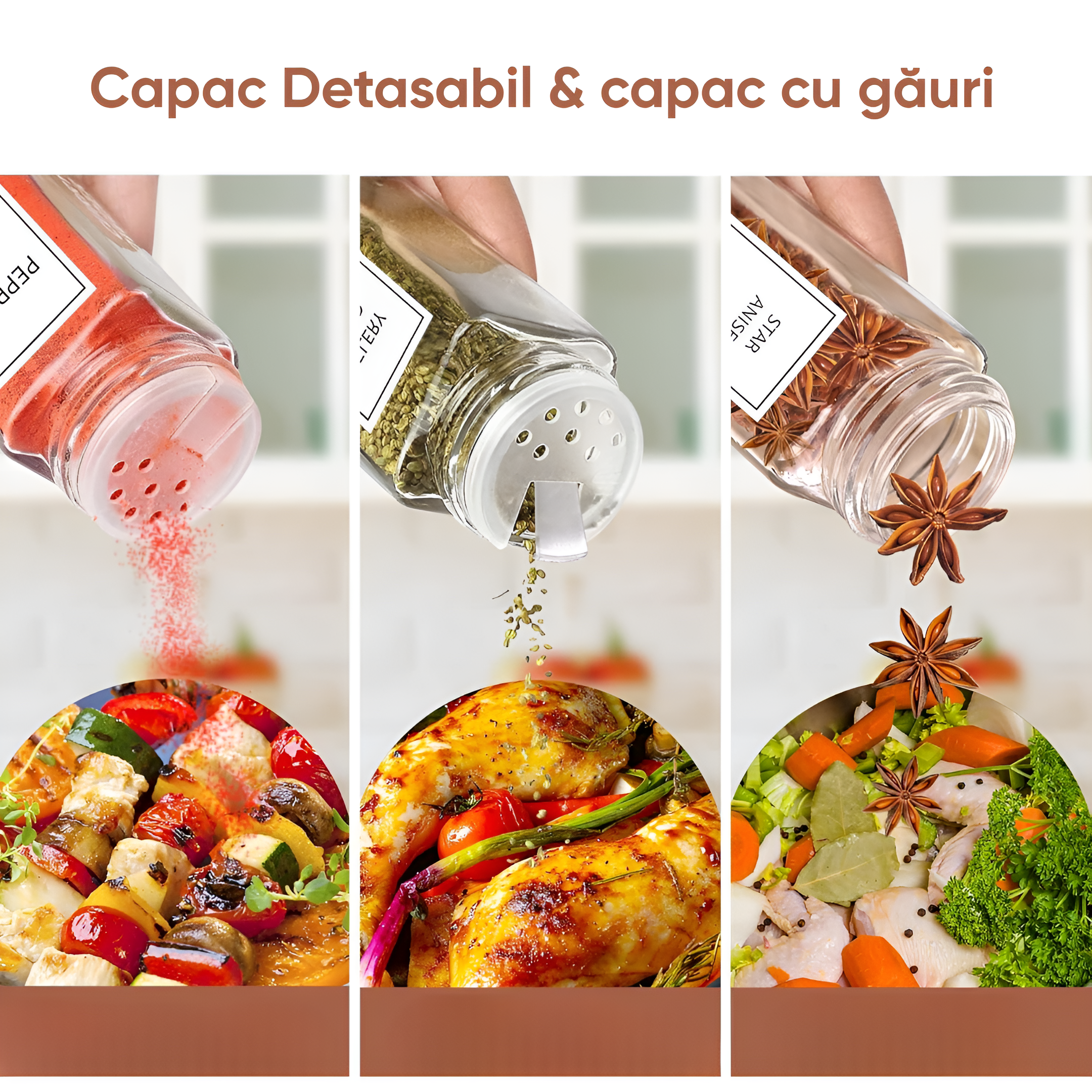Set recipiente condimente 24 sticlute cu capace de dozaj de 120 ml, perie, palnie, etichete si marker, capac etans din bambus, Transparent - 5 | YEO