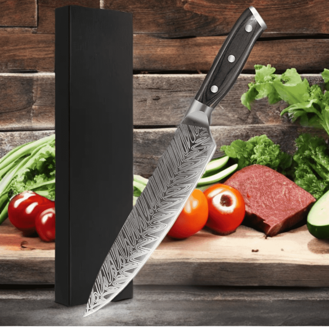 Cutit Profesional de bucatarie model Damasc, Koken, Lama de 21 cm din otel cu continut ridicat de carbon, 34.5 cm, Maner ergonomic din Lemn - 6 | YEO