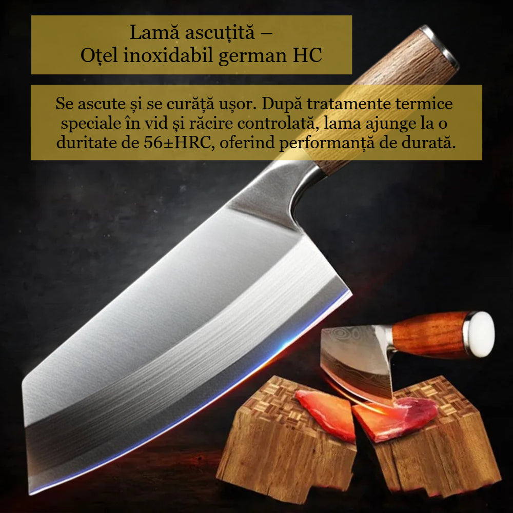 Cutit de bucatarie Satar japonez universal Koken, Otel inoxidabil german de inalta calitate, Lama de 20 cm Full Tang cu duritate 56±HRC, Taiere precisa si rezistenta indelungata, Maner ergonomic Lemn - 3 | YEO