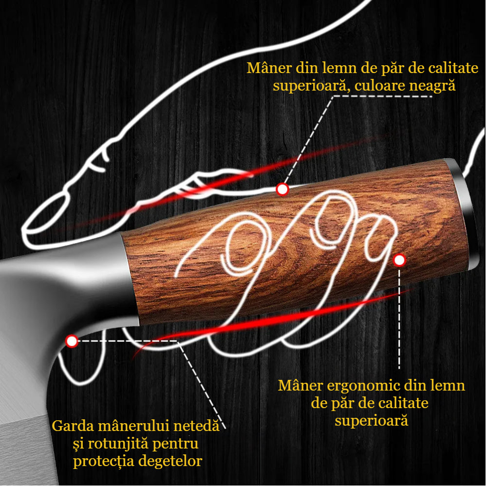 Cutit de bucatarie Satar japonez universal Koken, Otel inoxidabil german de inalta calitate, Lama de 20 cm Full Tang cu duritate 56±HRC, Taiere precisa si rezistenta indelungata, Maner ergonomic Lemn - 2 | YEO