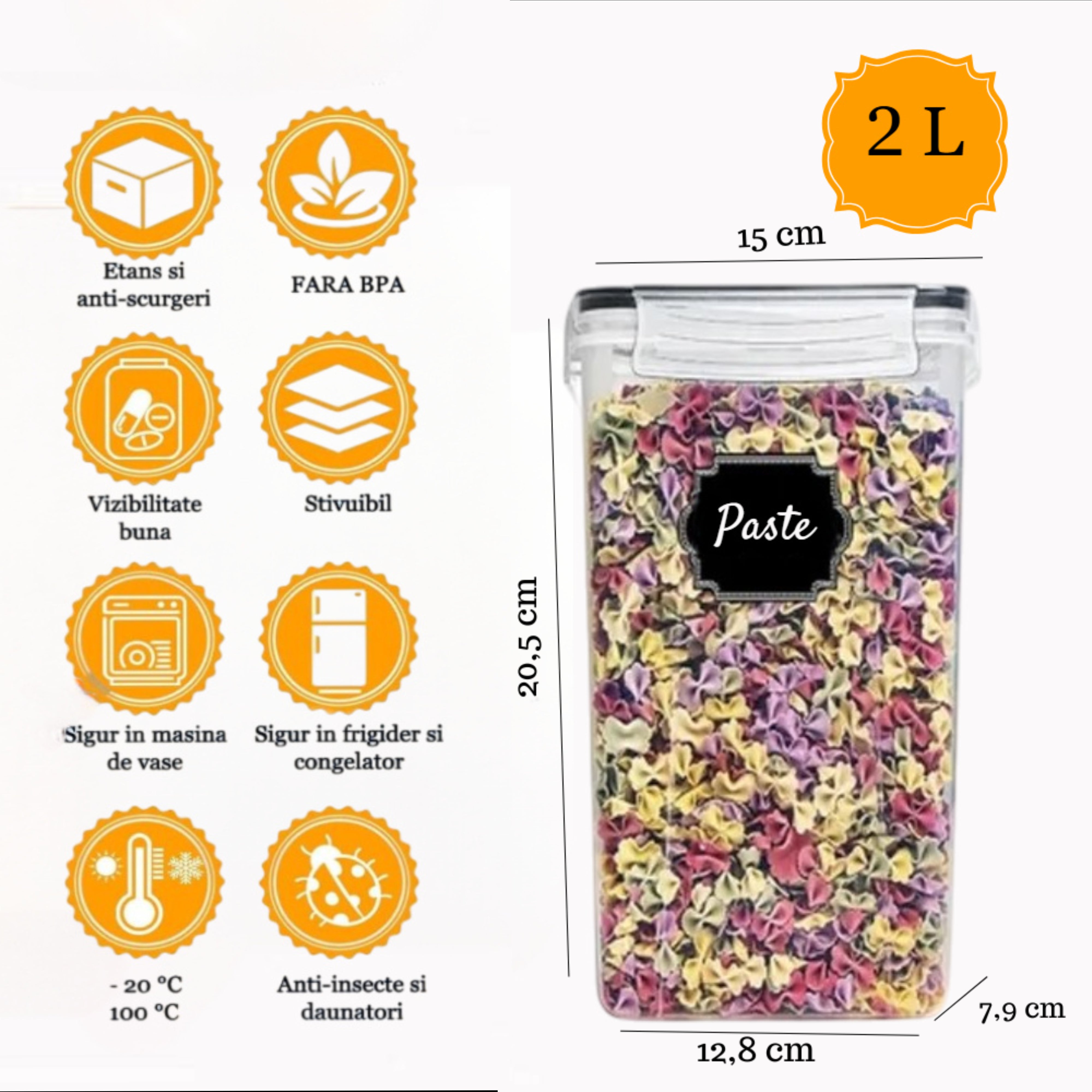Recipient de depozitare alimente, etanse de 2 L, Koken cutie depozitare cu capac, plastic fara BPA, compatibile cu congelator/cuptor cu microunde/masina de spalat vase, Transparent/Negru - 2 | YEO