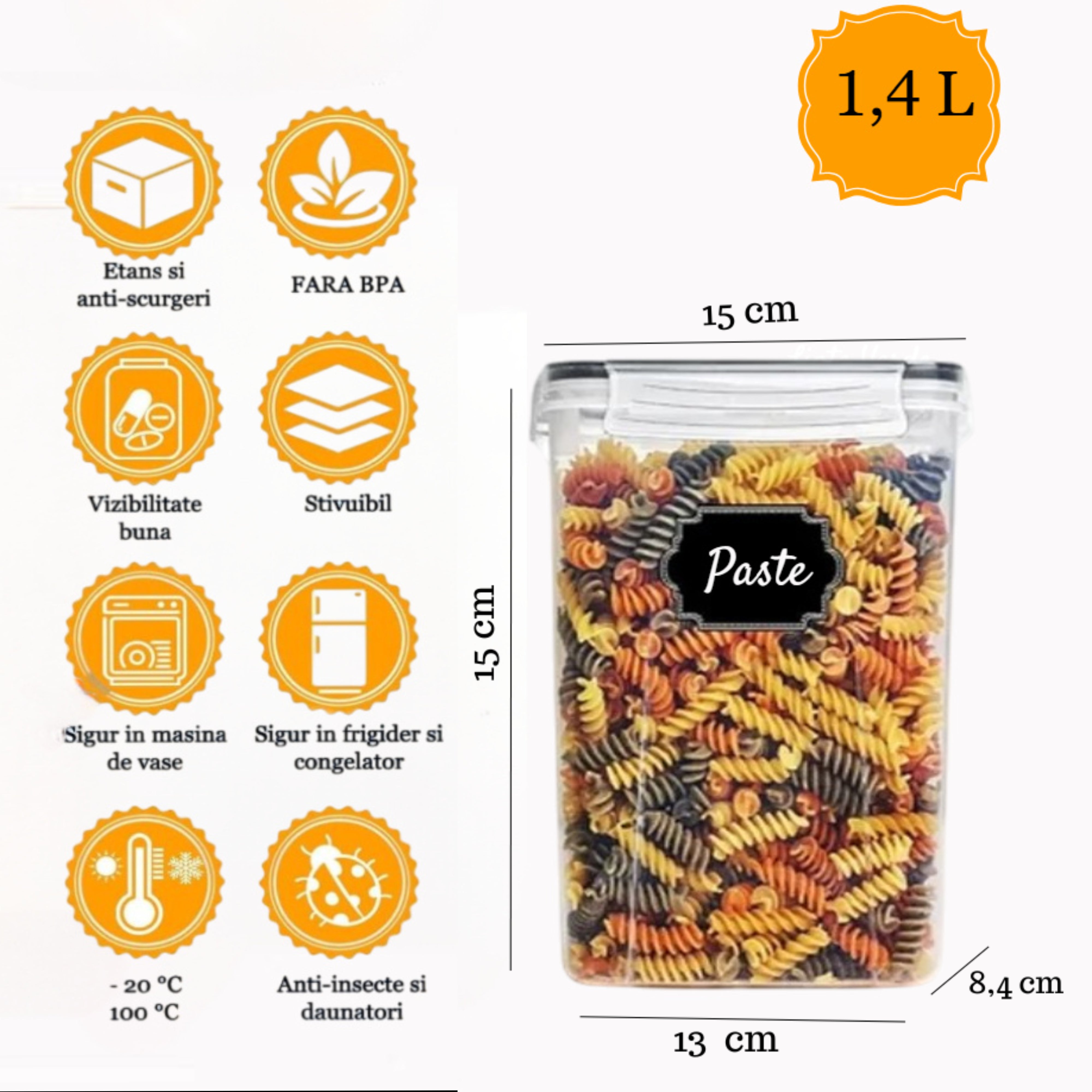 Recipient de depozitare alimente, etanse de 1,4 L, Koken cutie depozitare cu capac, plastic fara BPA, compatibile cu congelator/cuptor cu microunde/masina de spalat vase, Transparent/Negru - 2 | YEO