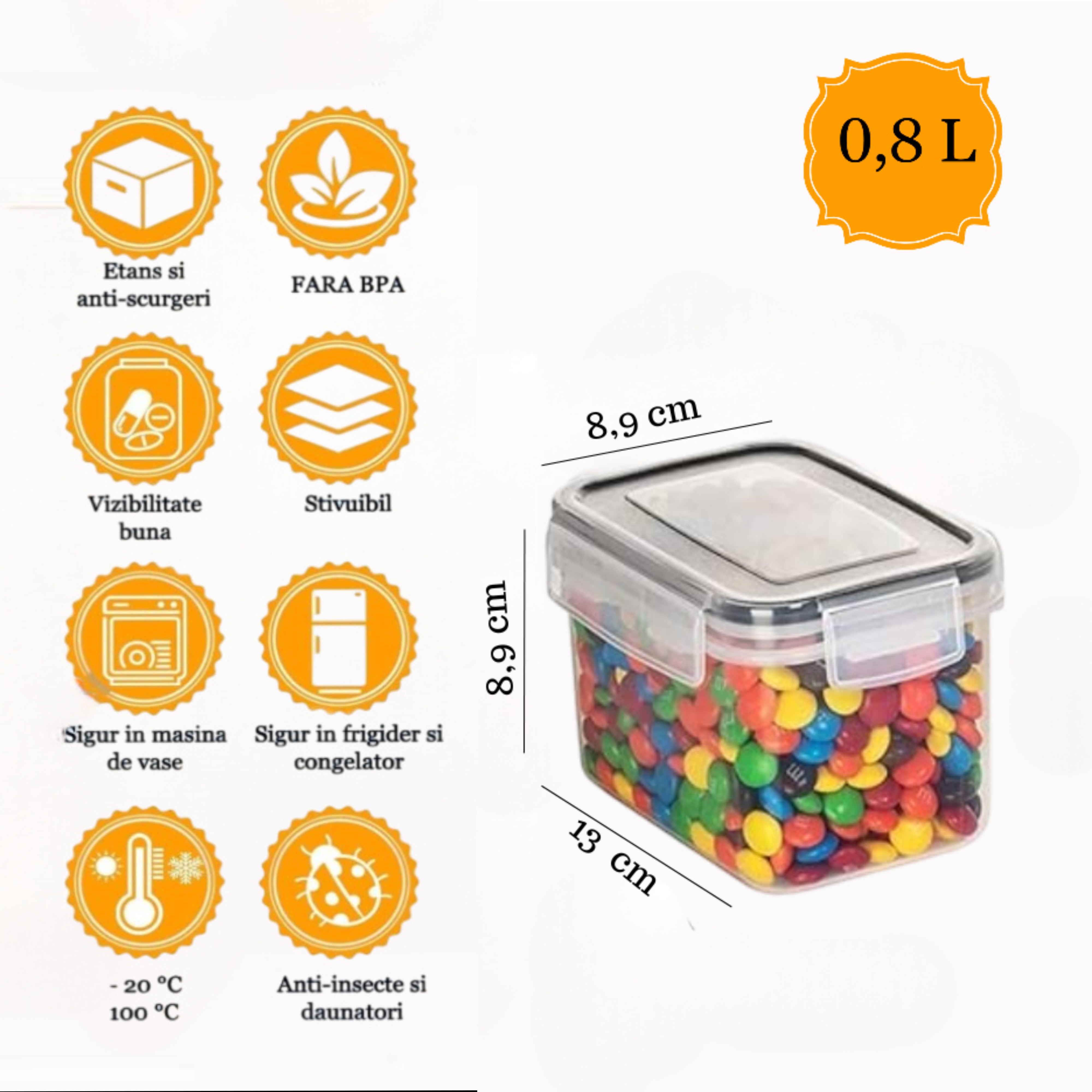 Recipient de depozitare alimente, etanse de 0,8 L, Koken cutie depozitare cu capac, plastic fara BPA, compatibile cu congelator/cuptor cu microunde/masina de spalat vase, Transparent/Negru - 1 | YEO