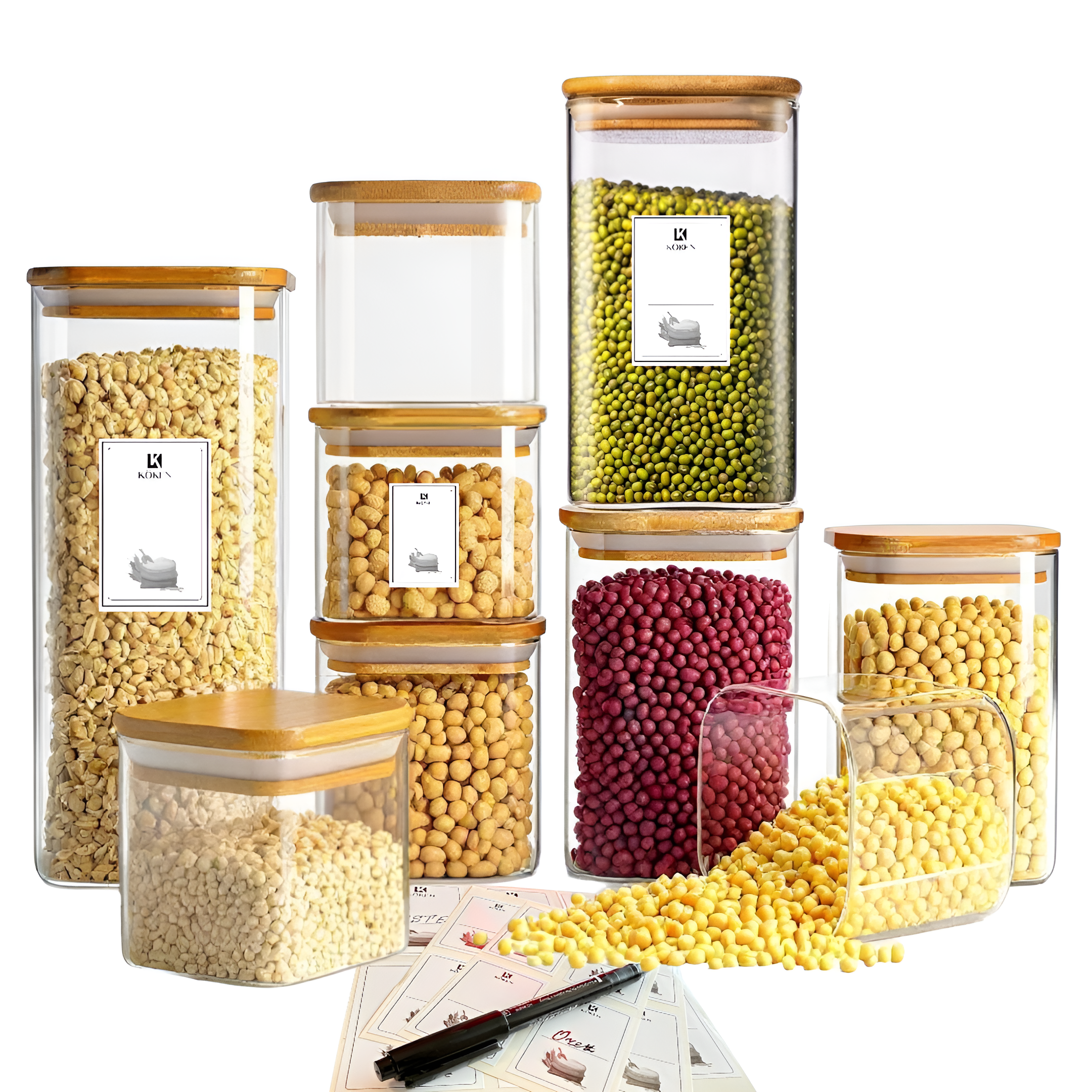 Set 5/6/8 Recipiente depozitare alimente Koken, Borcane din sticla borosilicata cu capac din bambus ermetic, Recipiente patrate, transparente + stickere, marker, 0.8L, 1.2L,1.6 L, 2L - 1 | YEO