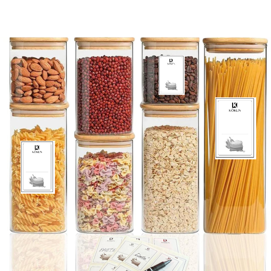 Set 5/6/8 Recipiente depozitare alimente Koken, Borcane din sticla borosilicata cu capac din bambus ermetic, Recipiente patrate, transparente + stickere, marker, 0.8L, 1.2L,1.6 L, 2L