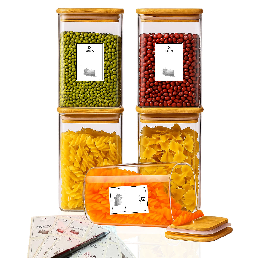 Set 5 recipiente depozitare alimente Koken, Borcane din sticla borosilicata cu capac din bambus ermetic, Recipiente patrate, transparente + stickere, marker
