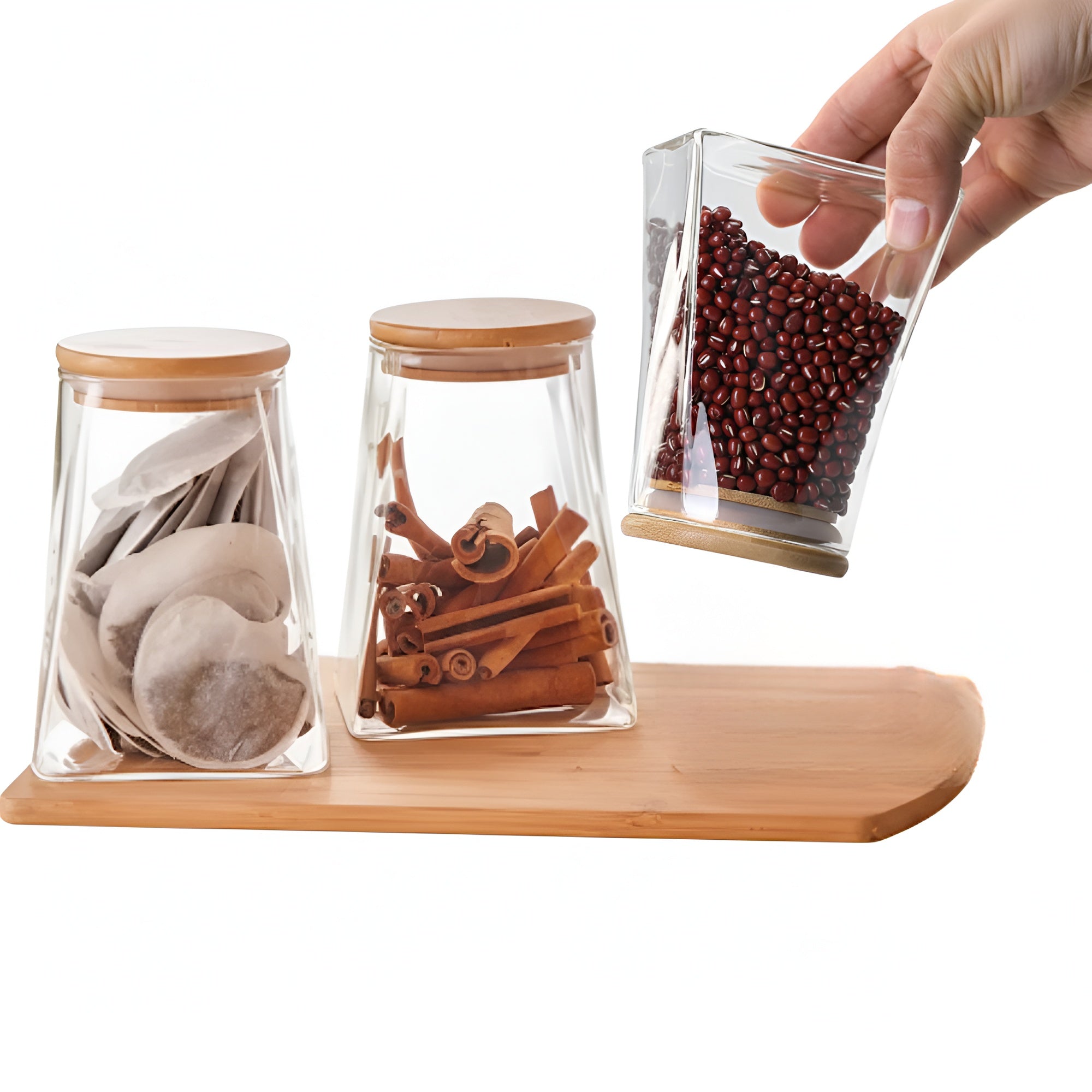 Creează-ți propriul Set de recipiente din sticlă Koken, Borcane cu capac din bambus ermetic, forma trapezoidală, transparente + stickere, marker, 350/600/900 ml