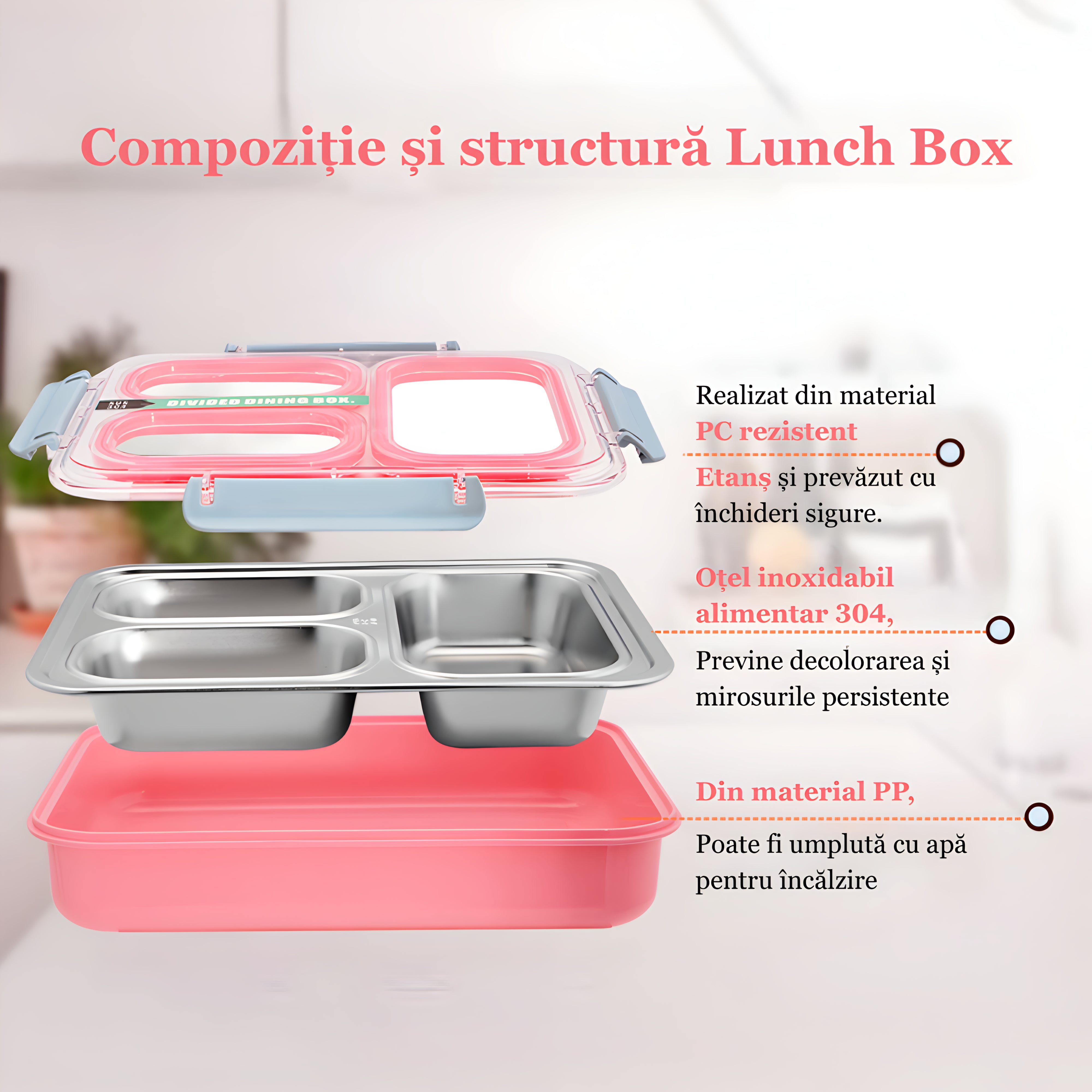 Cutie pentru pranz Koken, Lunch box Otel inoxidabil, Caserola copii scoala cu 3 Compartimente, 27,5 x 20,6 cm, Roz