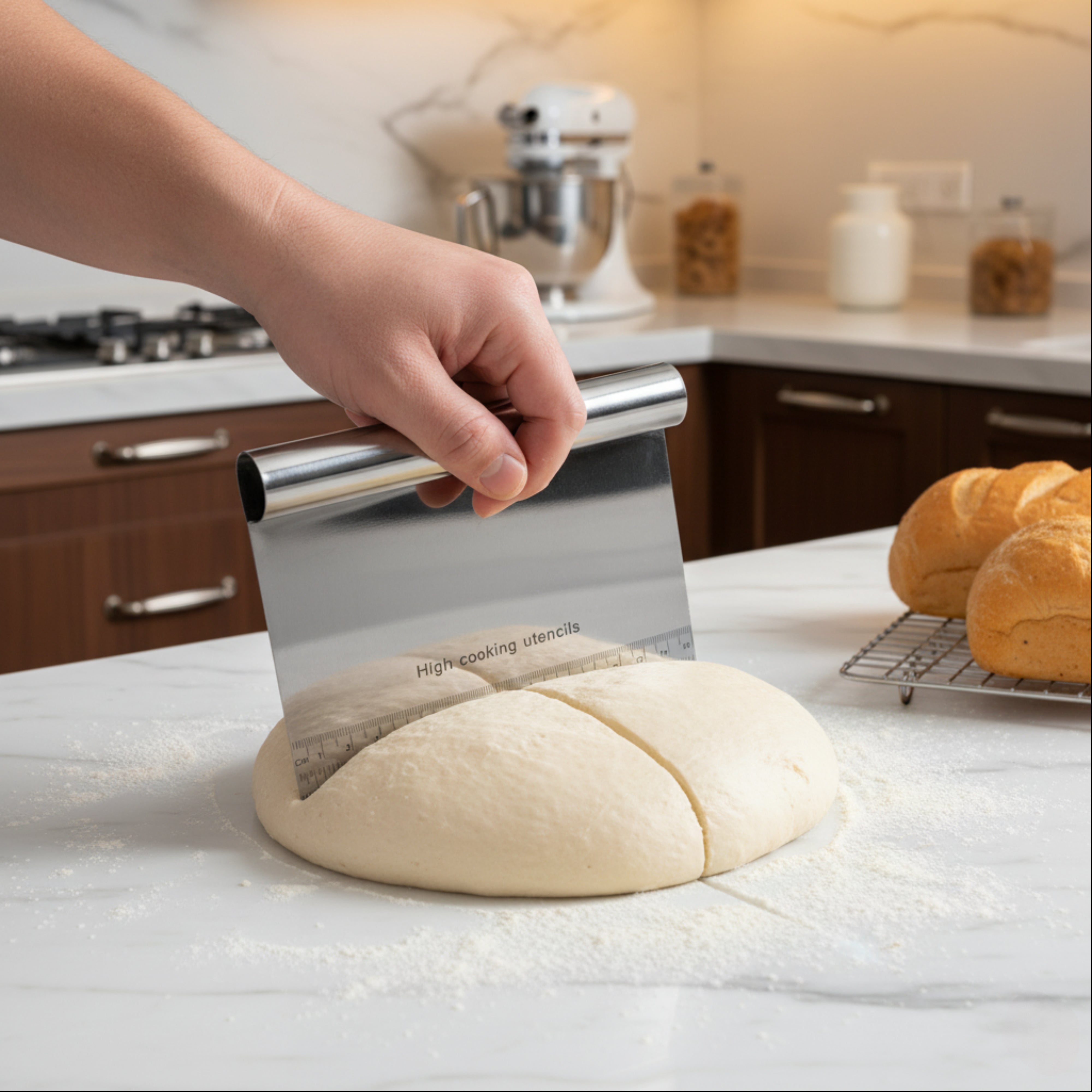 Spatula pentru taiat aluat Koken, Inox, Gadget de bucatarie multifunctional, Taietor Aluat, Usor de curatat, Confortabil antiderapant, 15x12 cm, Argintiu - 6 | YEO