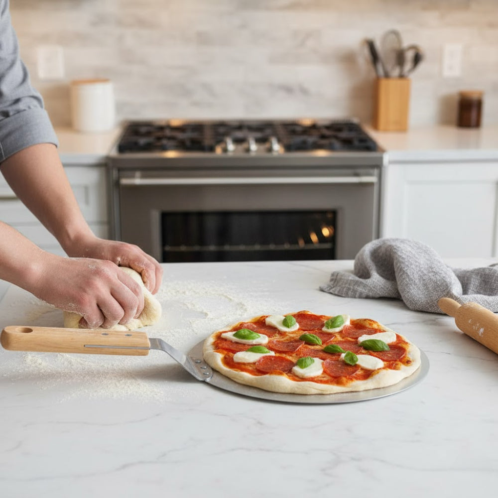 Lopata pizza Koken, tava rotundă 30,5 cm din oțel inoxidabil, Maner Lemn, Spatula 49 cm - 6 | YEO