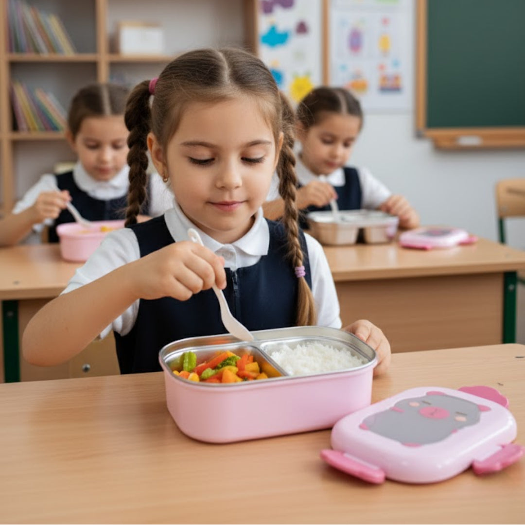 Cutie pentru pranz Koken, Lunch Inox, Caserola copii scoala cu 2 Compartimente, 22 x 15,5 x 7,5 cm, Lingura inclusa, Caserola pentru mancare, Roz/Bej - 3 | YEO