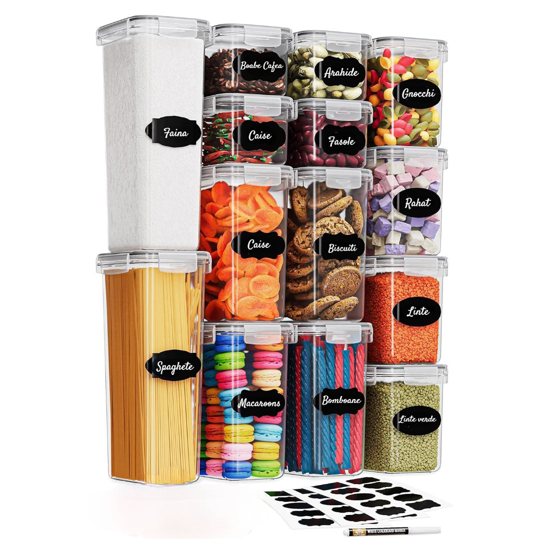 Set 24/18/16/14 recipiente de depozitare Koken, sigure pentru cuptorul cu microunde/masina de spalat vase/congelator, Caserole etanșe depozitare alimente, plastic fara BPA, Transparent/Negru