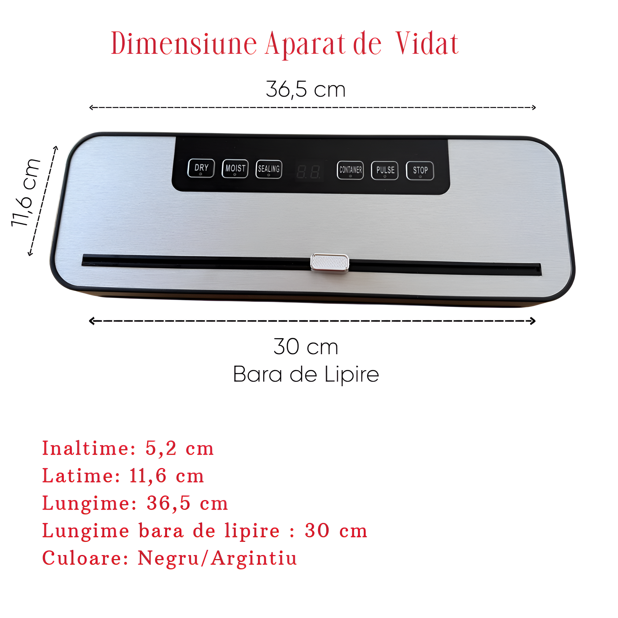 Aparat Profesional de Vidat si Sigilat alimente Koken, Functionare cu o singura atingere, Timp de etansare 10-15 s, bara de lipire 30 cm, Negru/Gri + 20 Pungi Gofrate Cadou - 2 | YEO