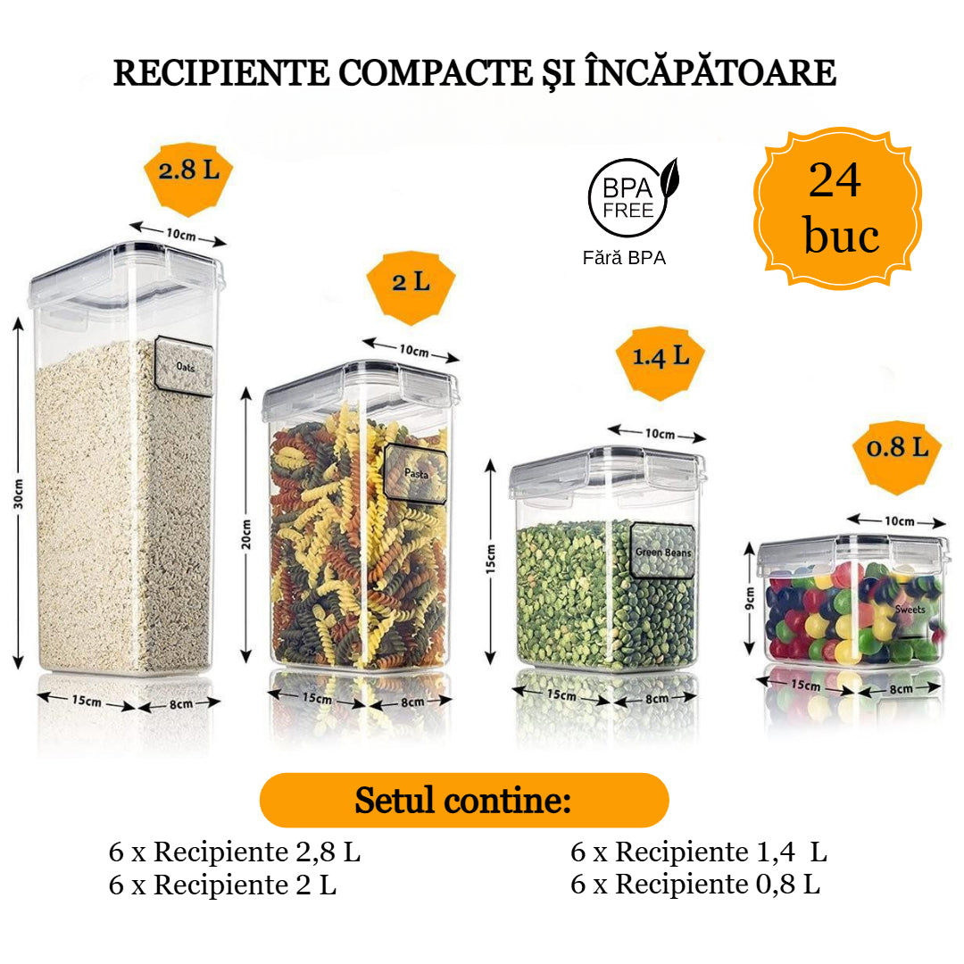 Set 24/18/16/14 recipiente de depozitare Koken, sigure pentru cuptorul cu microunde/masina de spalat vase/congelator, Caserole etanșe depozitare alimente, plastic fara BPA, Transparent/Negru - 1 | YEO