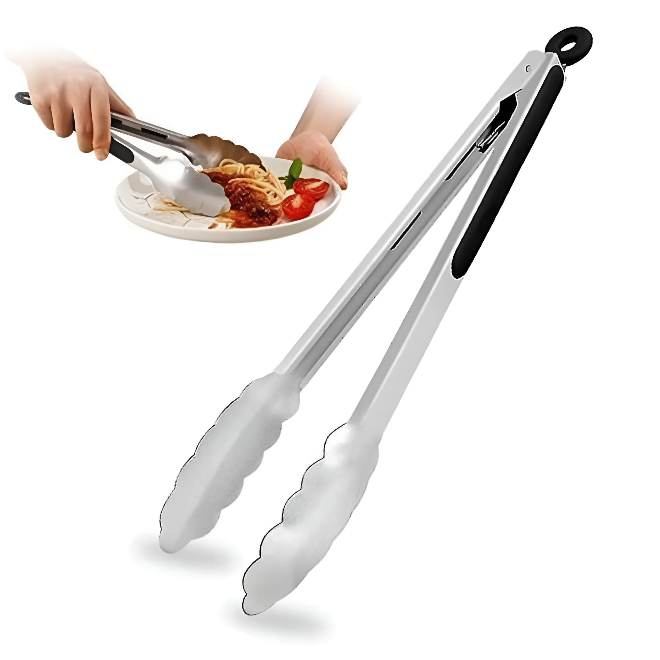 Cleste profesional pentru gratar si bucatarie Koken, Otel inoxidabil/Silicon, Maner Antialunecare, Blocare Practica, gătește și servește cu ușurință, 36x3,8 cm, Negru/Argintiu
