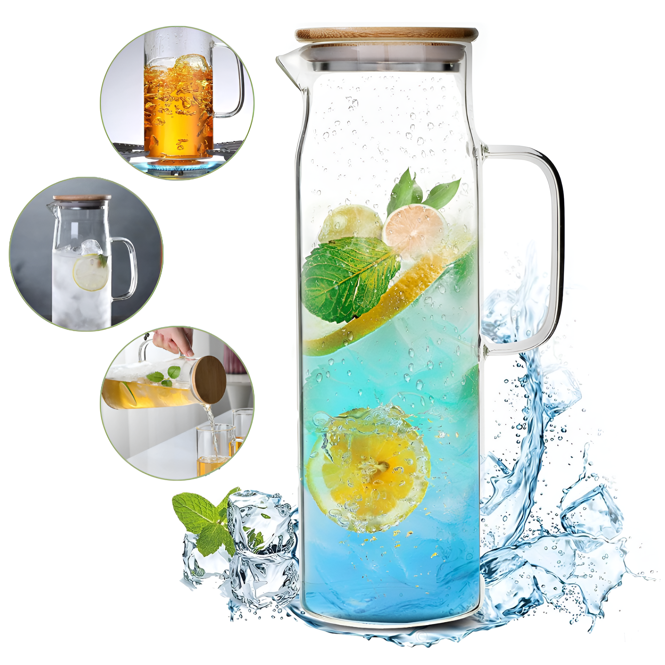 Carafă din sticlă borosilicată Koken, pentru apă, sucuri și limonadă, Ulcior cu capac ermetic din bambus și oțel inoxidabil, 26 x 8,5 cm, rezistentă la temperaturi de la -20°C până la +150°C, Transparentă/Lemn