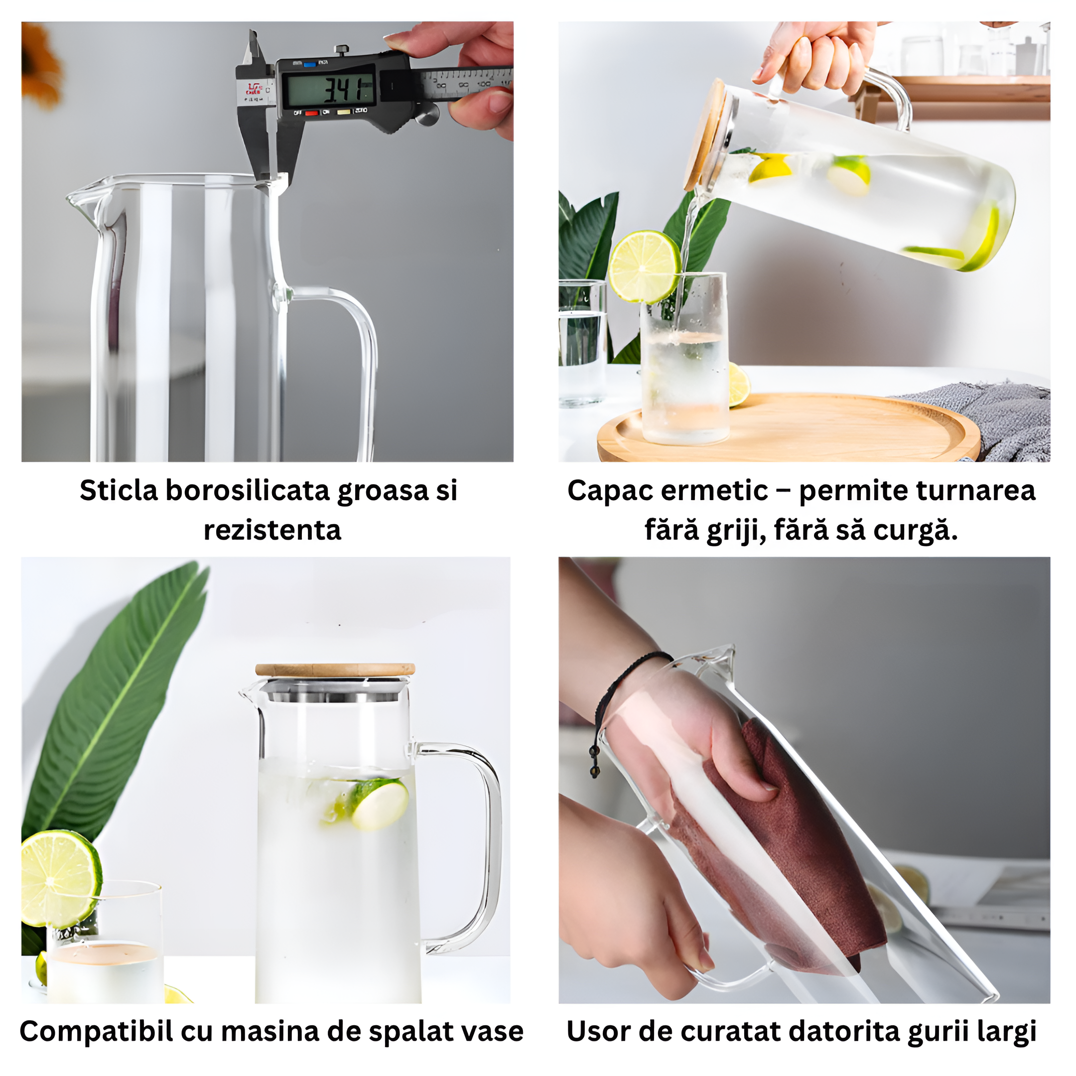 Carafă din sticlă borosilicată Koken, pentru apă, sucuri și limonadă, Ulcior cu capac ermetic din bambus și oțel inoxidabil, 26 x 8,5 cm, rezistentă la temperaturi de la -20°C până la +150°C, Transparentă/Lemn - 4 | YEO