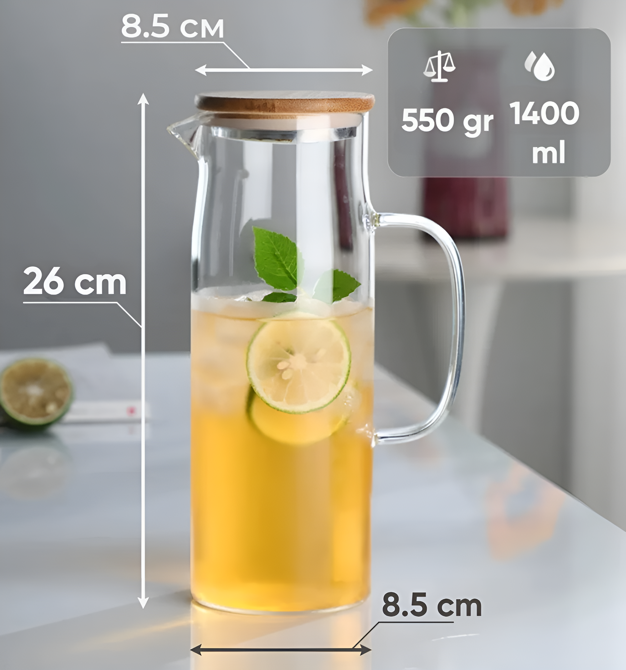 Carafă din sticlă borosilicată Koken, pentru apă, sucuri și limonadă, Ulcior cu capac ermetic din bambus și oțel inoxidabil, 26 x 8,5 cm, rezistentă la temperaturi de la -20°C până la +150°C, Transparentă/Lemn - 1 | YEO
