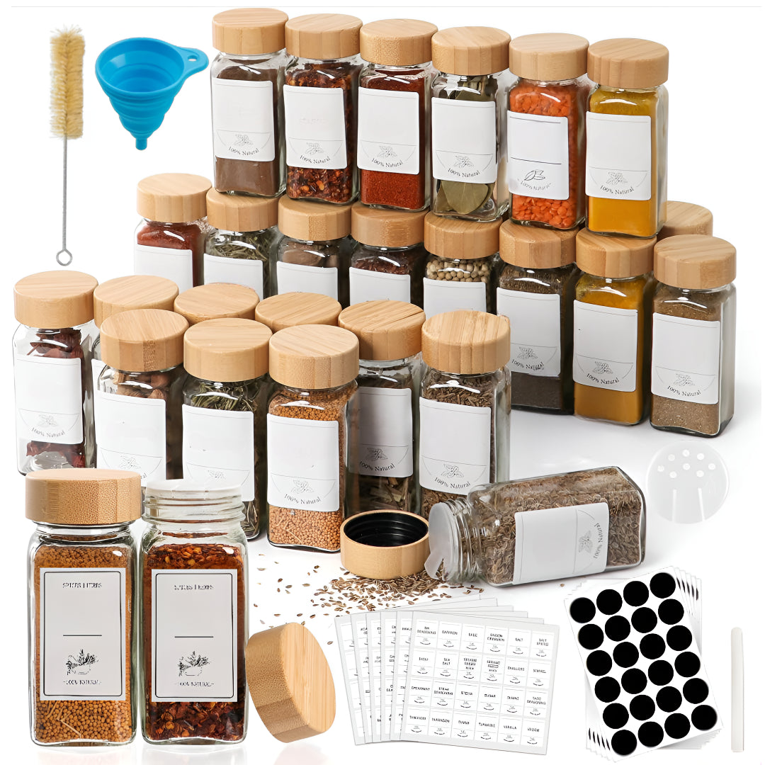 Set recipiente condimente 24 sticlute cu capace de dozaj de 120 ml, perie, palnie, etichete si marker, capac etans din bambus, Transparent