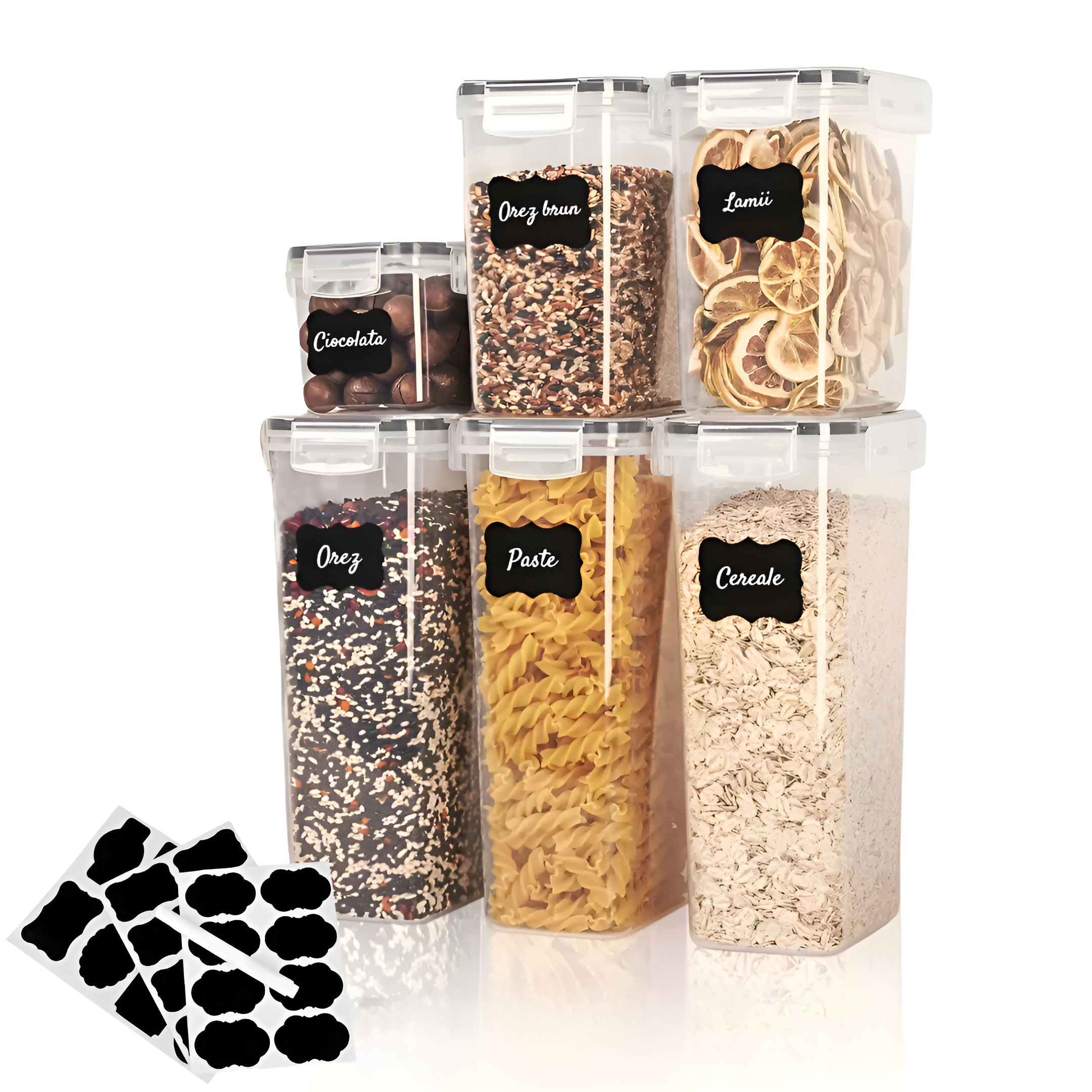 Set 8/7/6 recipiente depozitare Koken, sigure pentru cuptorul cu microunde/masina de spalat vase/congelator,  Caserole etanșe depozitare alimente, plastic fara BPA, Transparent/Negru