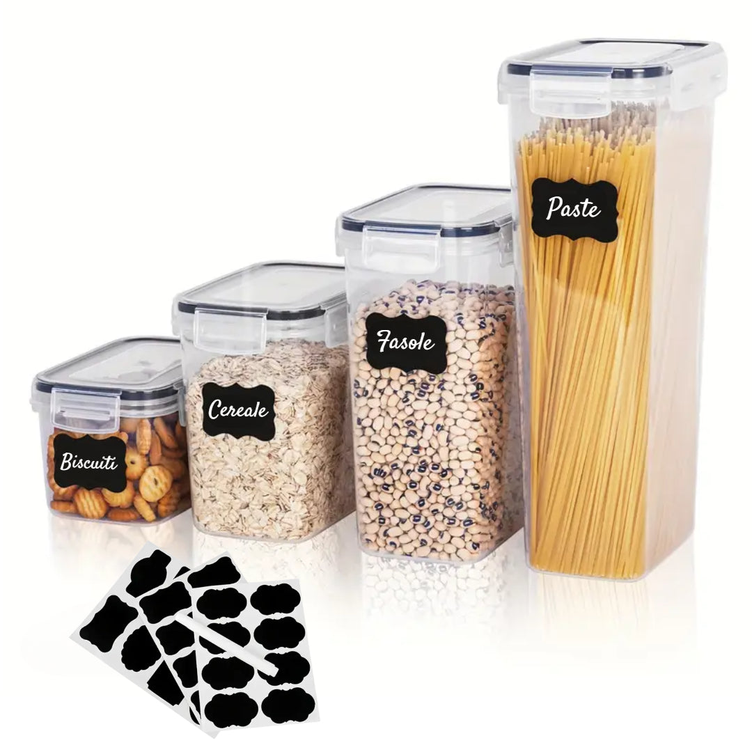 Creează-ți propriul set de recipiente din plastic fara BPA, de dimensiuni diverse, cu capace etanșe, Transparent/Negru, Koken
