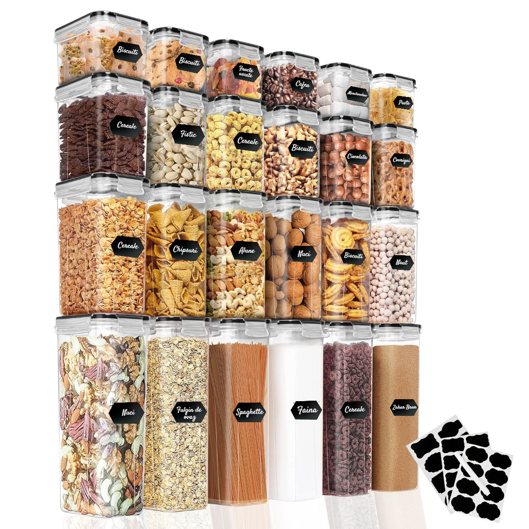 Set 24/18/16/14 recipiente de depozitare Koken, sigure pentru cuptorul cu microunde/masina de spalat vase/congelator, Caserole etanșe depozitare alimente, plastic fara BPA, Transparent/Negru