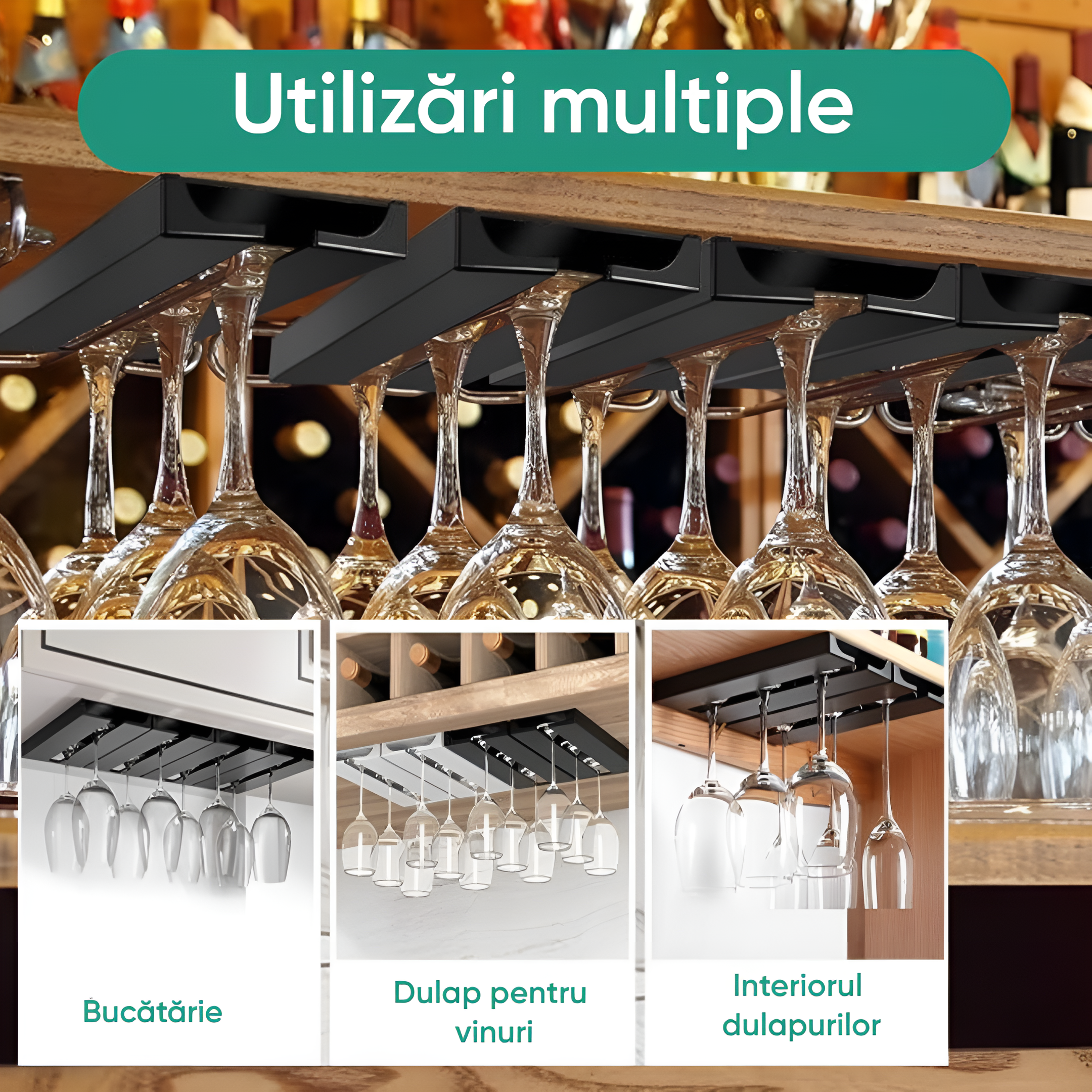 Suport suspendat pentru pahare cu picior Koken, potrivit pentru diverse tipuri de pahare, 2 x 11x 25 cm, Plastic/Negru - 4 | YEO