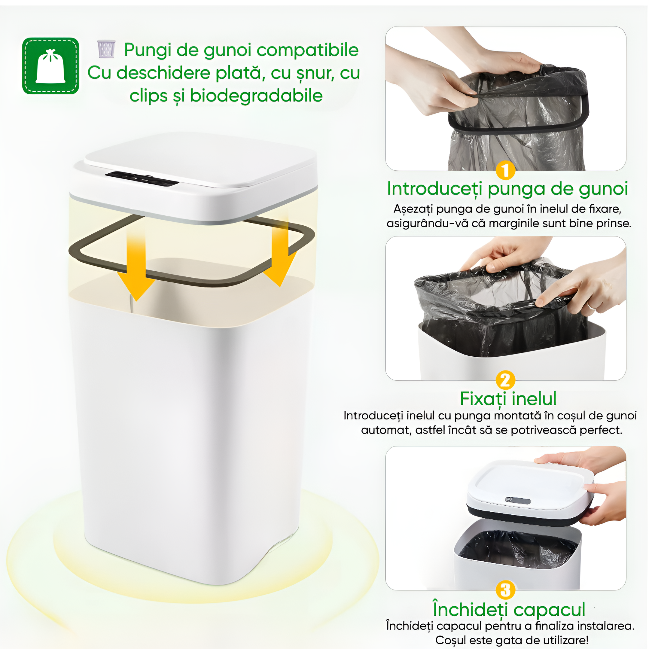 Cos de gunoi automat cu sensor 16 L Koken, Bucatarie, baie sau oficiu, 2x Baterii AA(nu sunt incluse), cu capac anti-miros, Alb - 3 | YEO