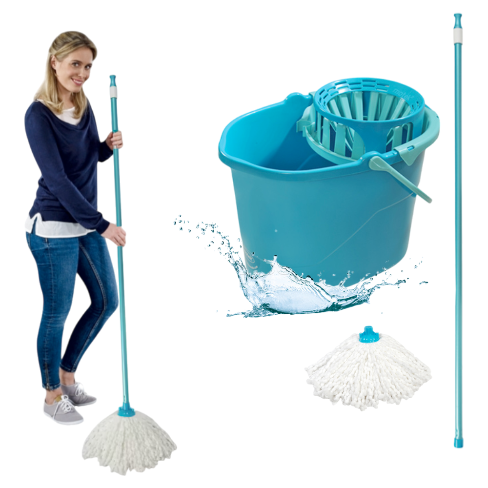 Motek Premium Mop Set with Bucket and 100% Koken Microfiber, 8L Bucket, with automatic drain and high quality materials