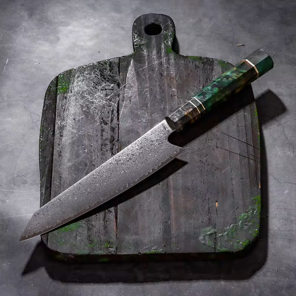 Koken Japanese Professional Knife, 67-Layer Damascus Steel, High Carbon, 20 cm High Quality Blade, Distinctive Handle and Perfect Edge for Professional Cooking, Green/Brown