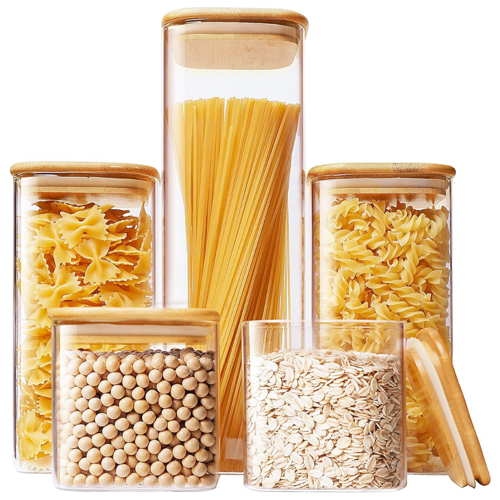 Set Recipiente pătrate din sticlă borosilicată cu capac din bambus etanș Koken, pentru depozitarea alimentelor uscate și cerealelor,