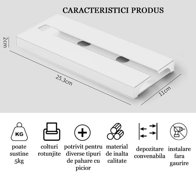 Suport suspendat pentru pahare cu picior Koken, potrivit pentru diverse tipuri de pahare, 2 x 11x 25 cm, Plastic/Alb - 1 | YEO