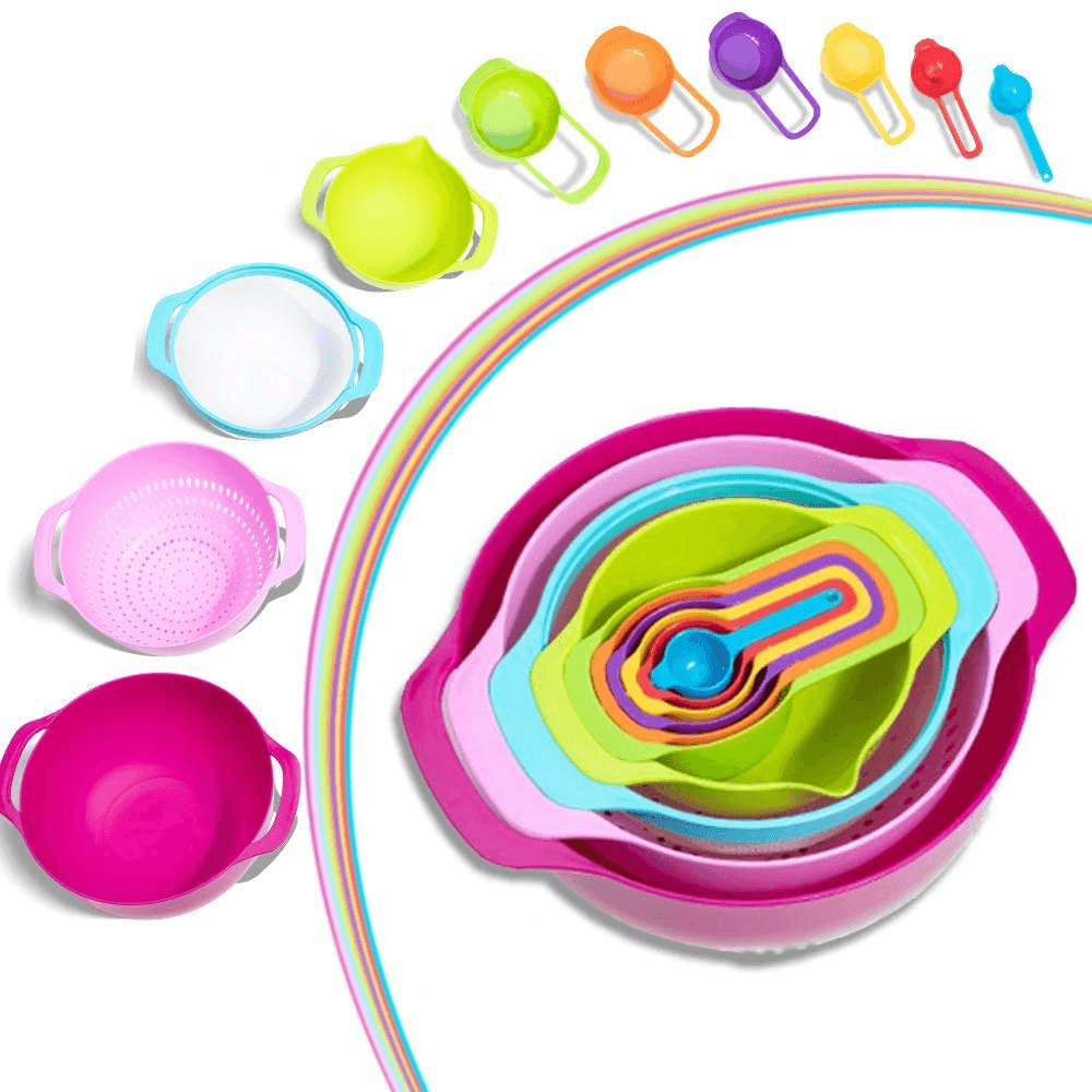 Boluri Rainbow de la Koken, Set de 10 Boluri cu Unitati de Masura si 2 tipuri de Sita, de la 7.5 la 500 ml, Fara BPA, Multicolor, - köken