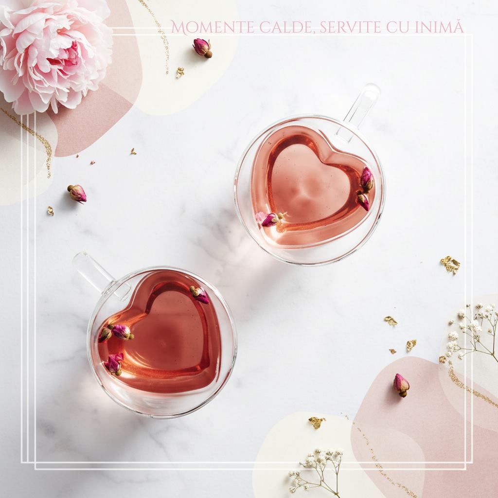 Cana termorezistenta Koken, sticla cu perete dublu 250ml, sticla borosilicata, ceasca romantica in forma de inima, Design elegant, Transparent