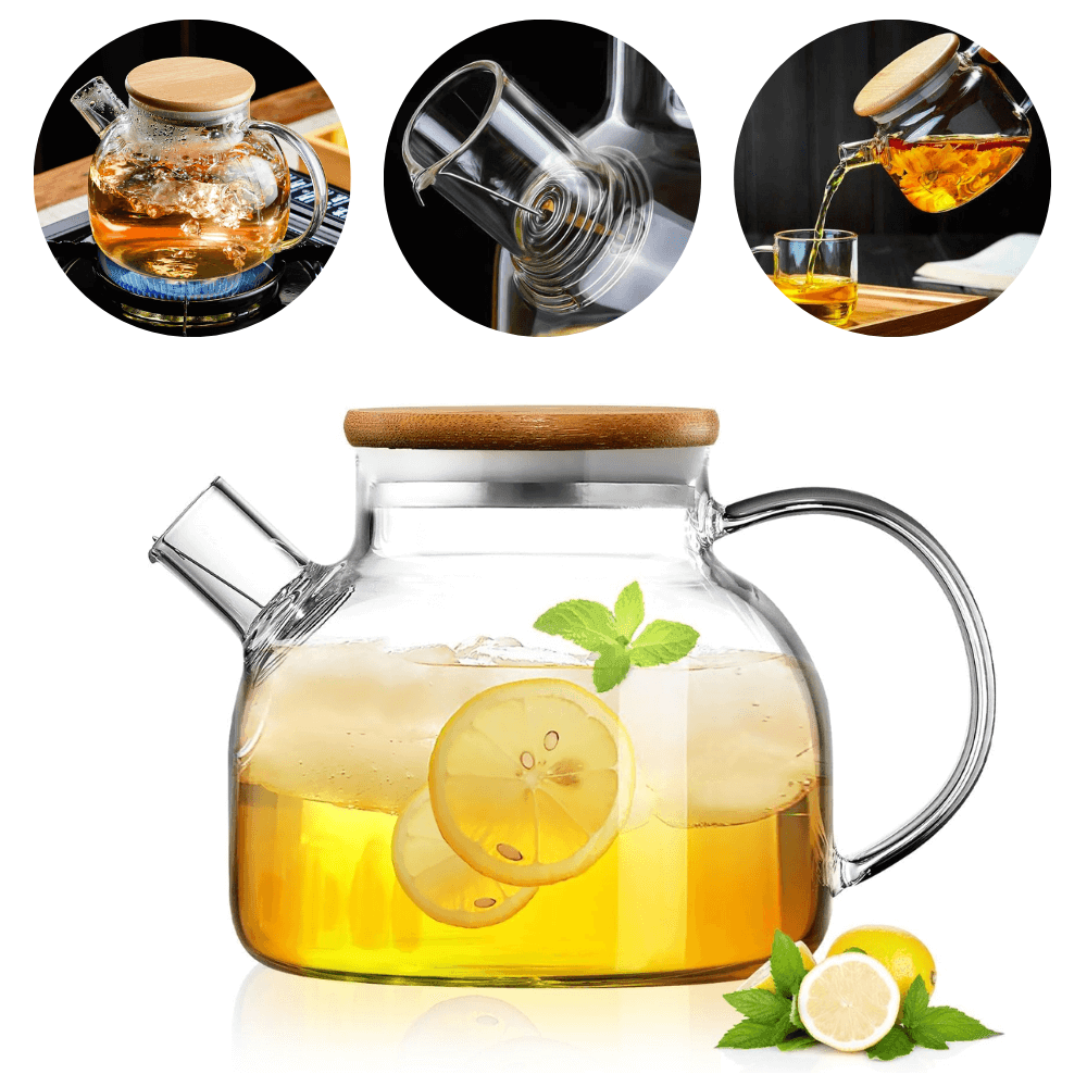 Ceainic cu infuzor 1 L Koken, Sticla termorezistentă borosilicată, Capacul din bambus/oțel inoxidabil, Rezistent la temperaturi extreme 150℃,